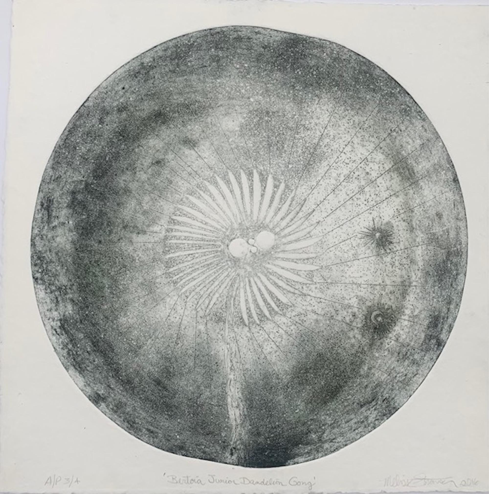 Contemporary artist Melissa Strawser’s Bertoia Junior Dandelion Gong Print is a pulled Artist Proof, an original intaglio print using handmade Doug Zucco White Crow Printmaking Paper (Fleetwood, PA) with colored inks from a single bronze plate that