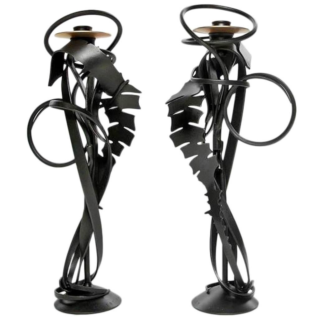 Pair of Albert Paley "Double Shear Candleholders", Steel and Bronze, 2014