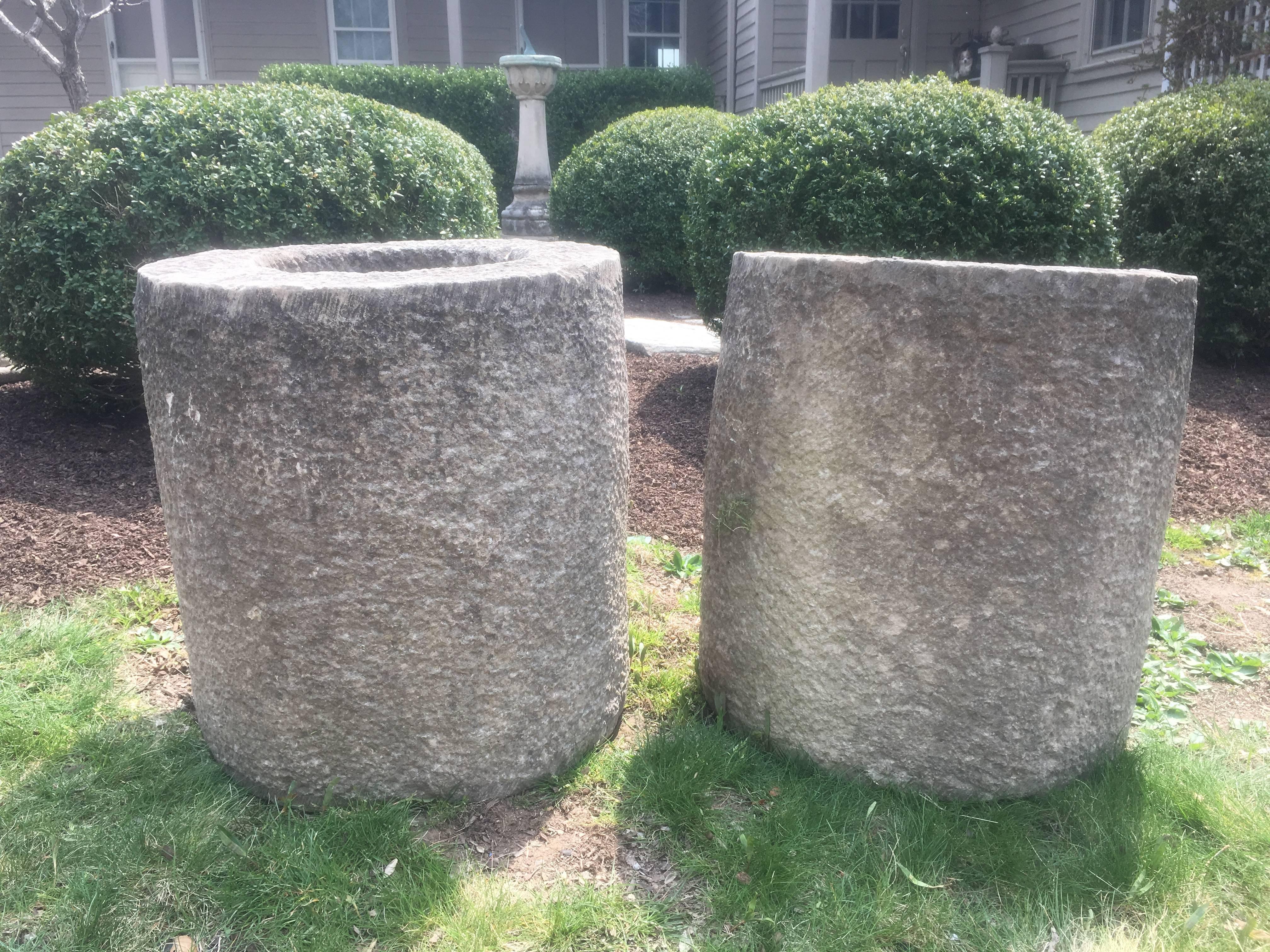 Pair of French Carved Stone Cylindrical Planters In Good Condition In Woodbury, CT
