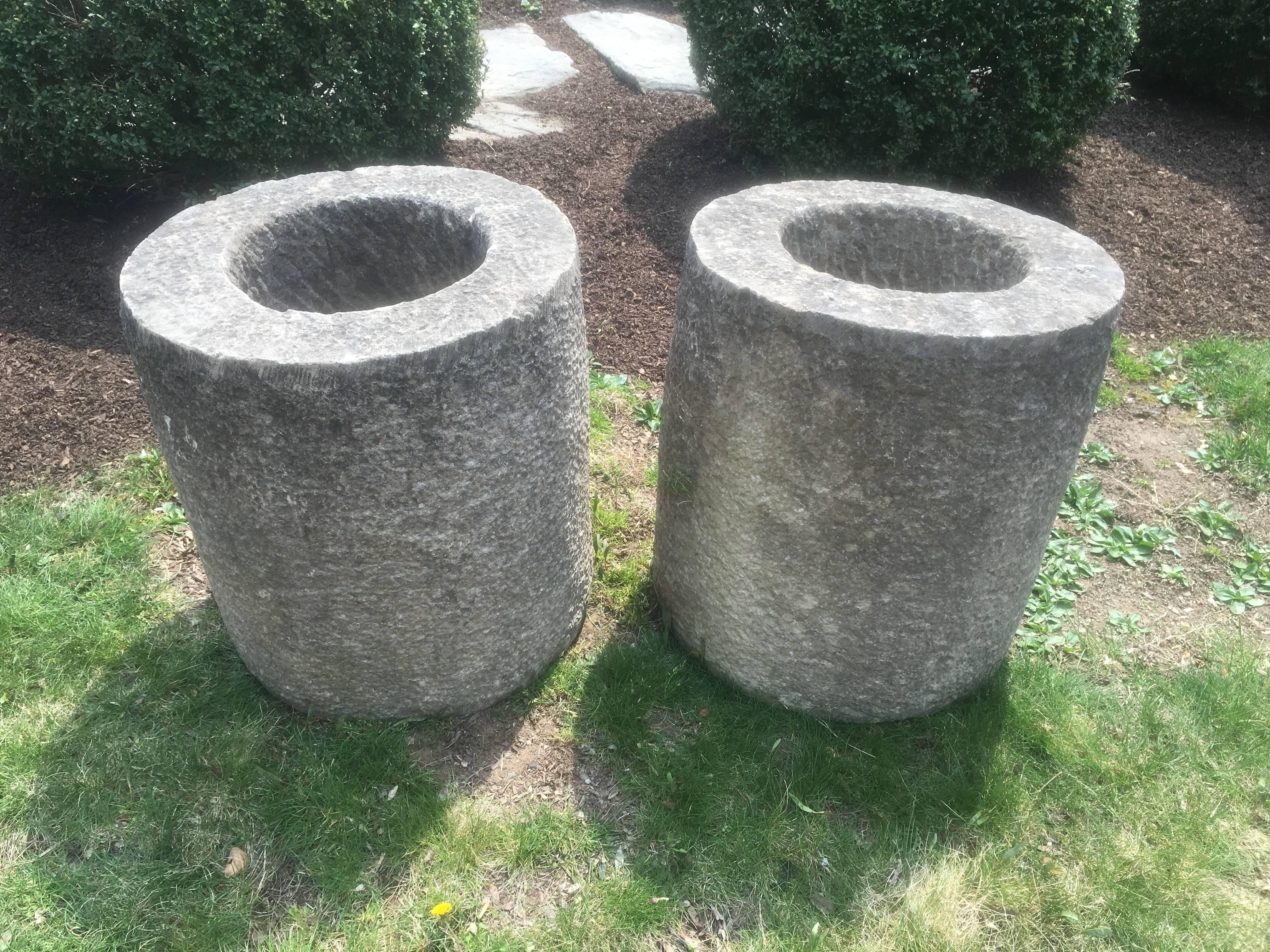 Mid-Century Modern Pair of French Carved Stone Cylindrical Planters