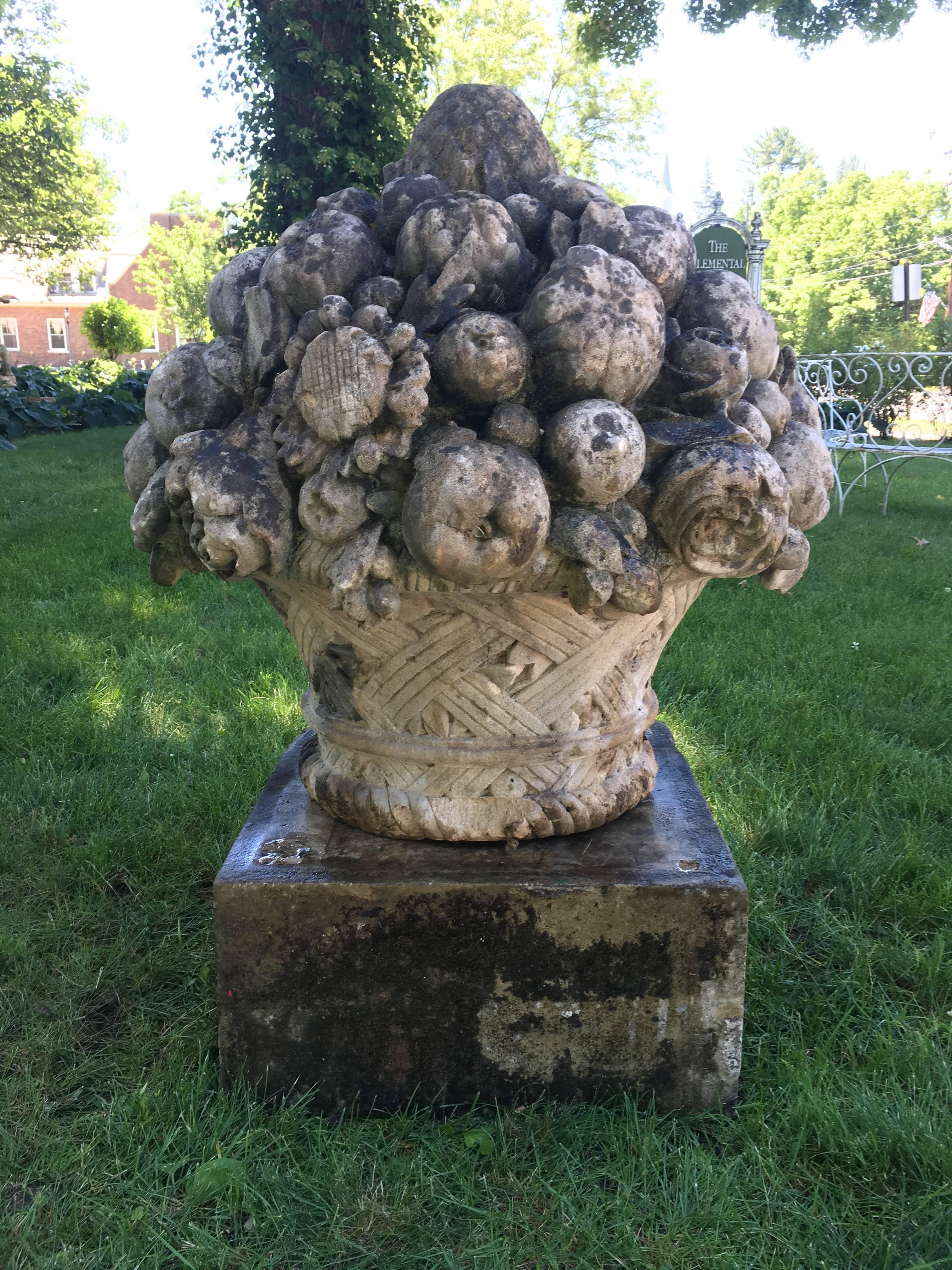 19th Century Magnificent Pair of Chateau-Sized Carved Stone Fruit and Flower Baskets