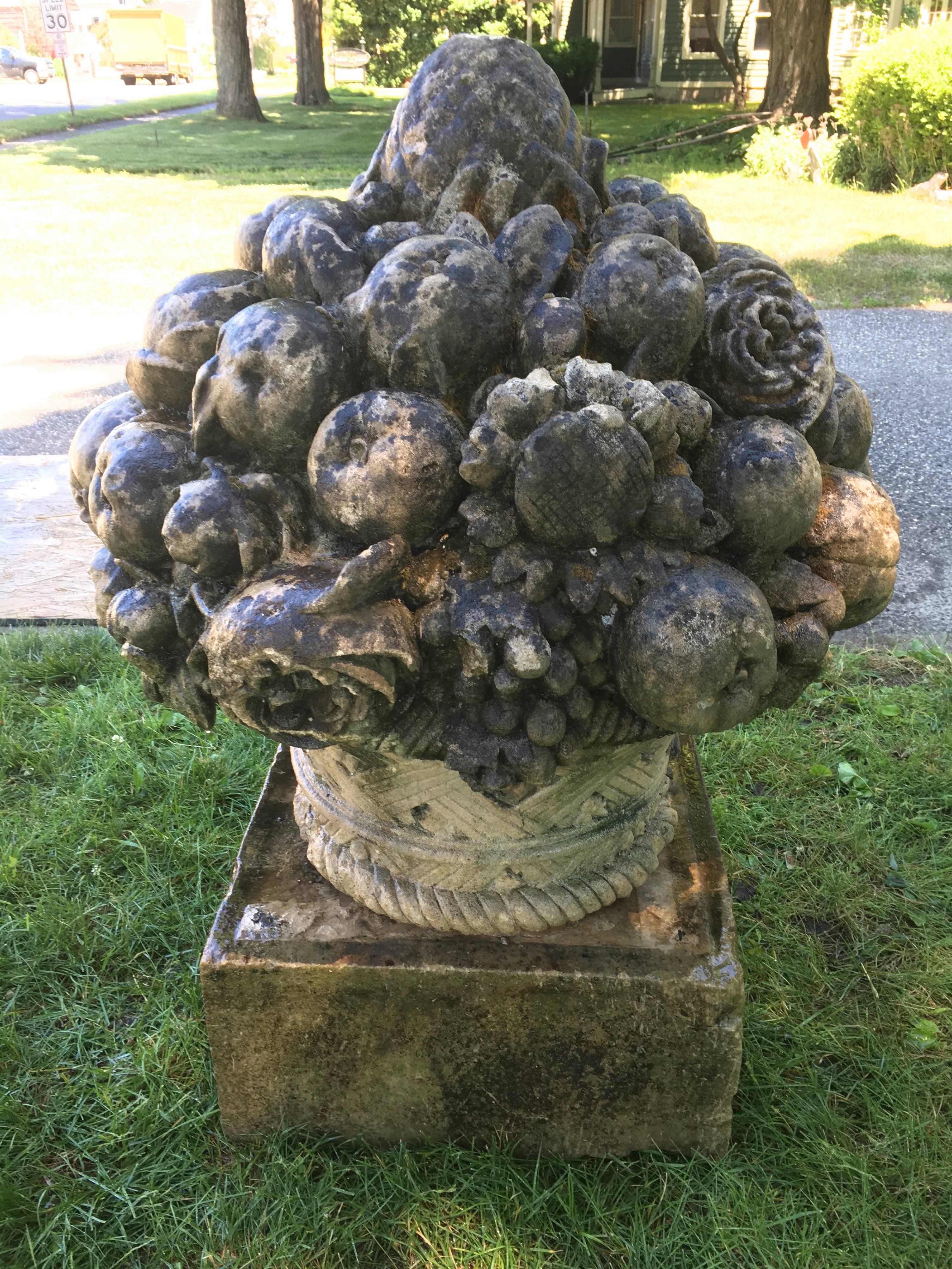 Limestone Magnificent Pair of Chateau-Sized Carved Stone Fruit and Flower Baskets