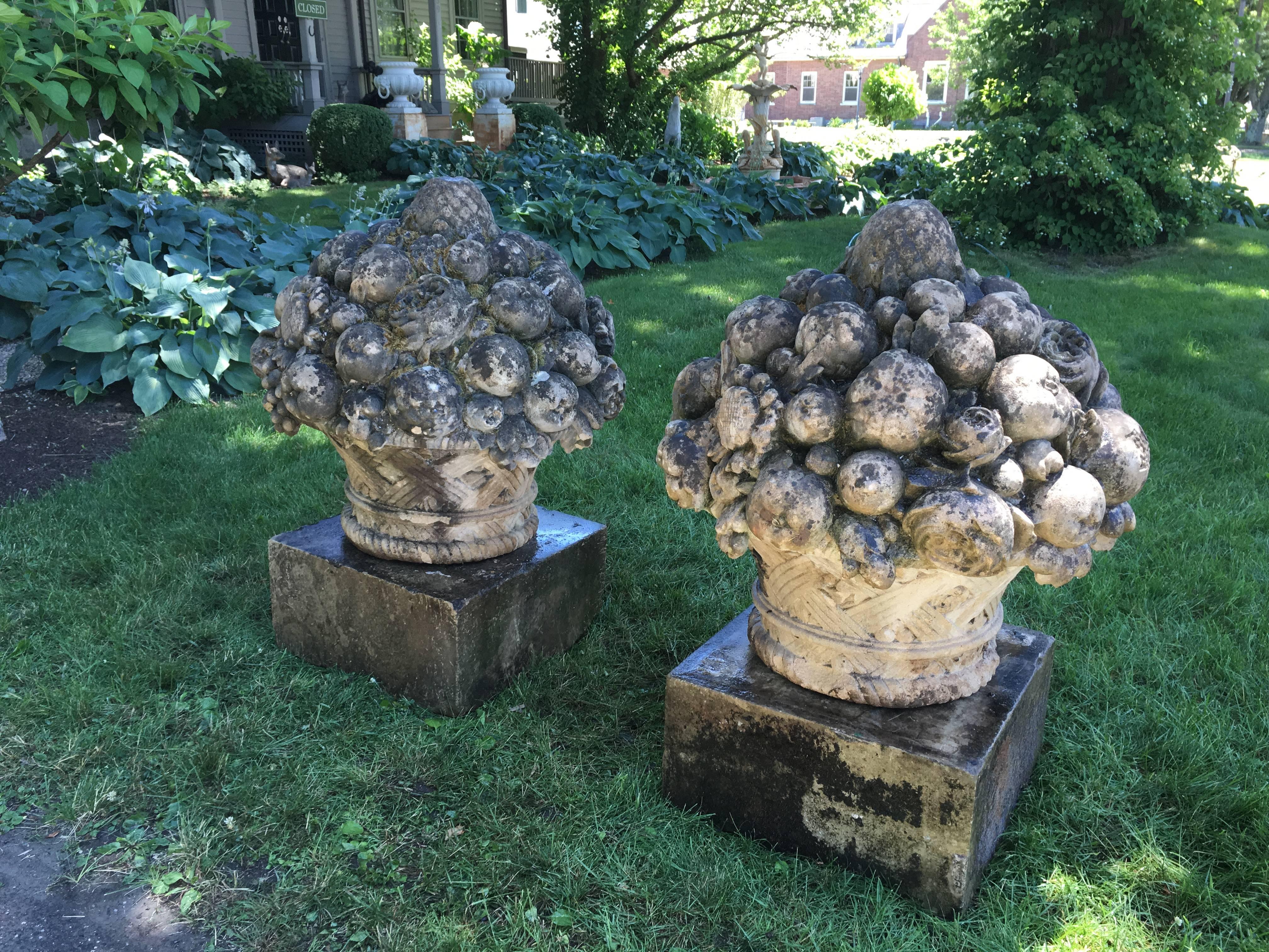 Napoleon III Magnificent Pair of Chateau-Sized Carved Stone Fruit and Flower Baskets