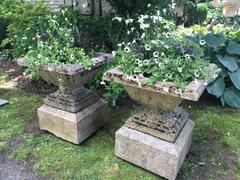 Pair of Magnificent Large French Stone Urns on Plinths
