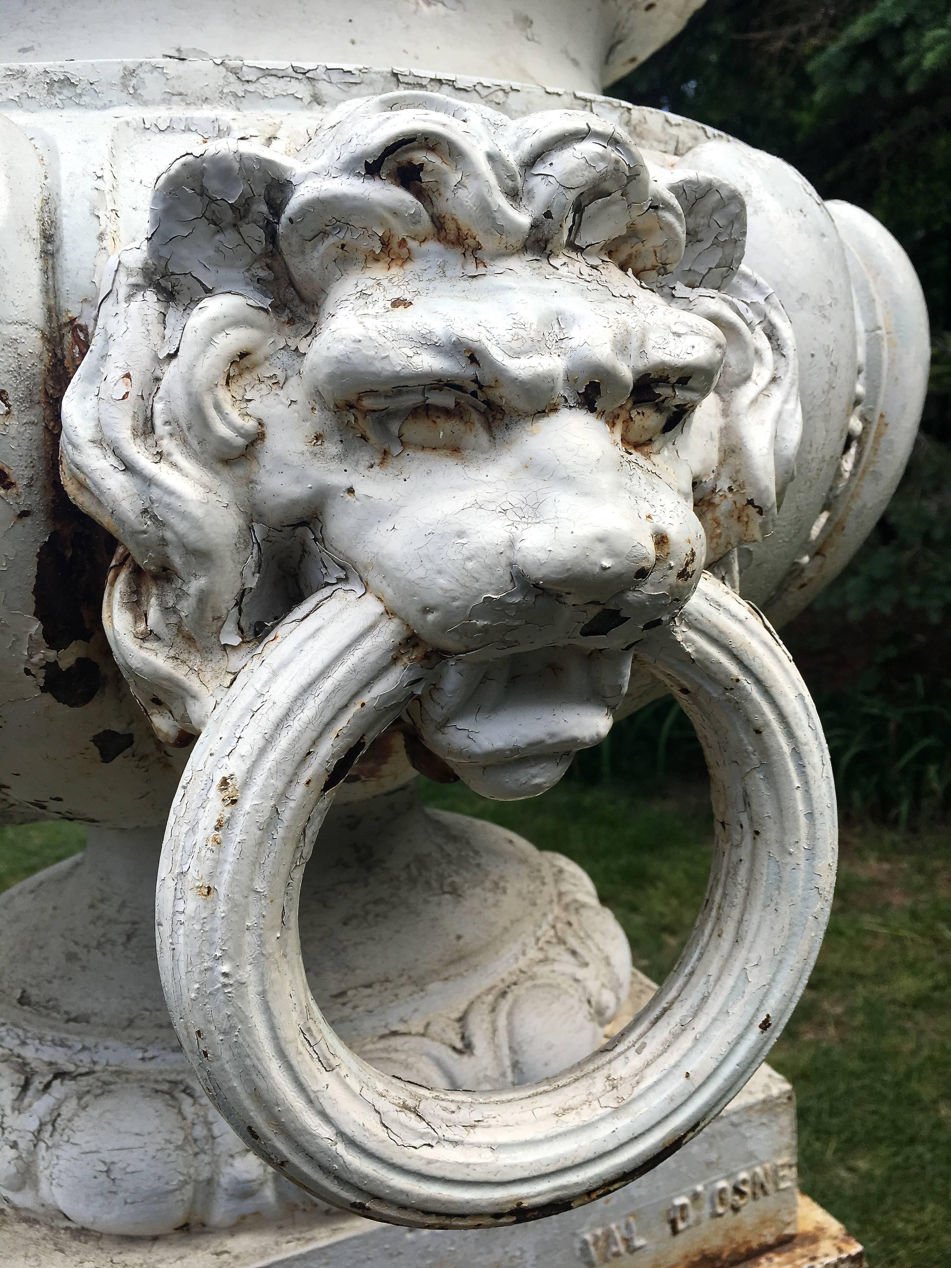 Statuesque Pair of Rare Estate-Sized Val d'Osne Cast Iron Urns on Tall Plinths In Good Condition For Sale In Woodbury, CT