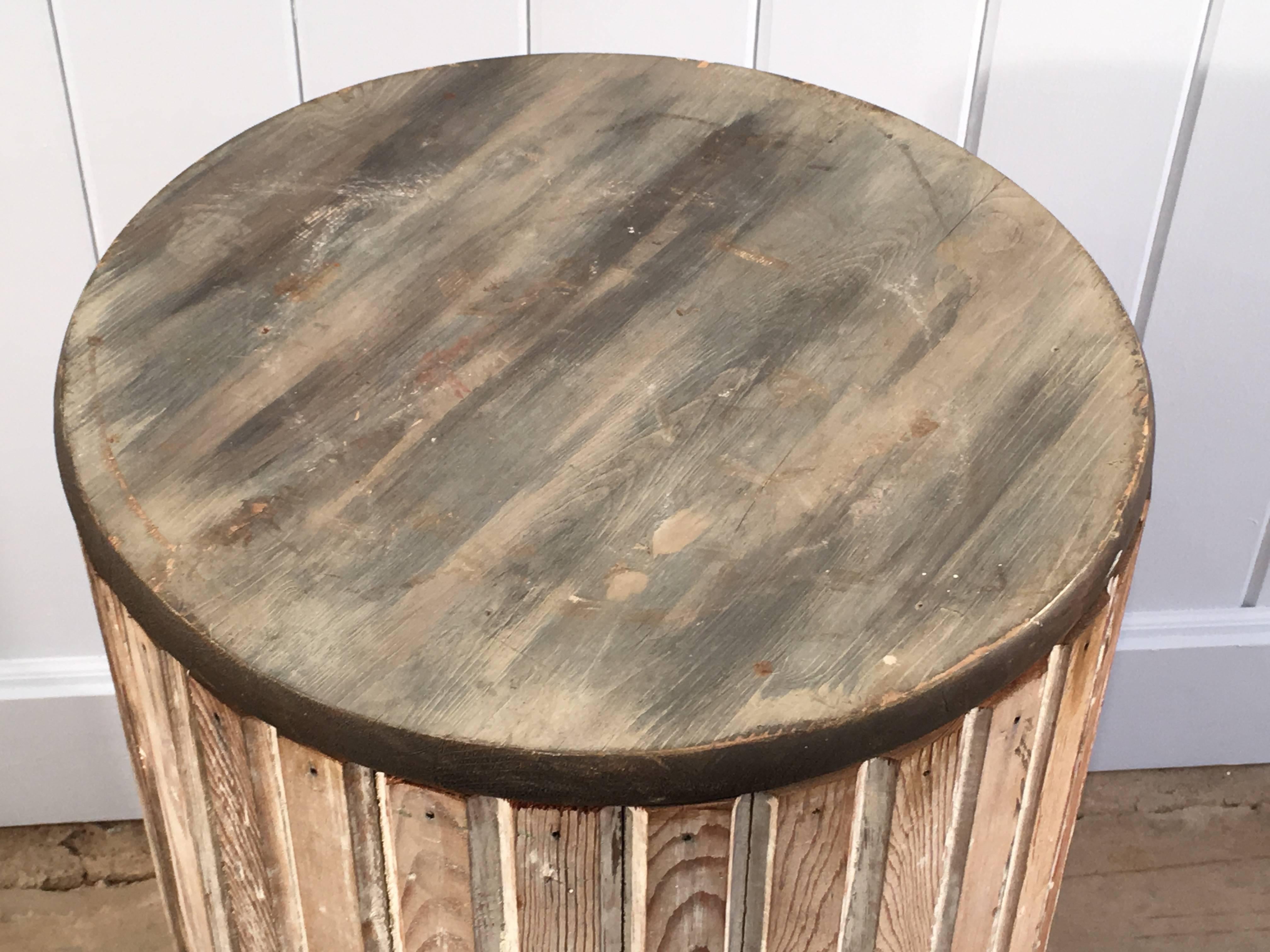 Hand-Crafted Round Fluted Wooden Pedestal with Scraped Paint For Sale