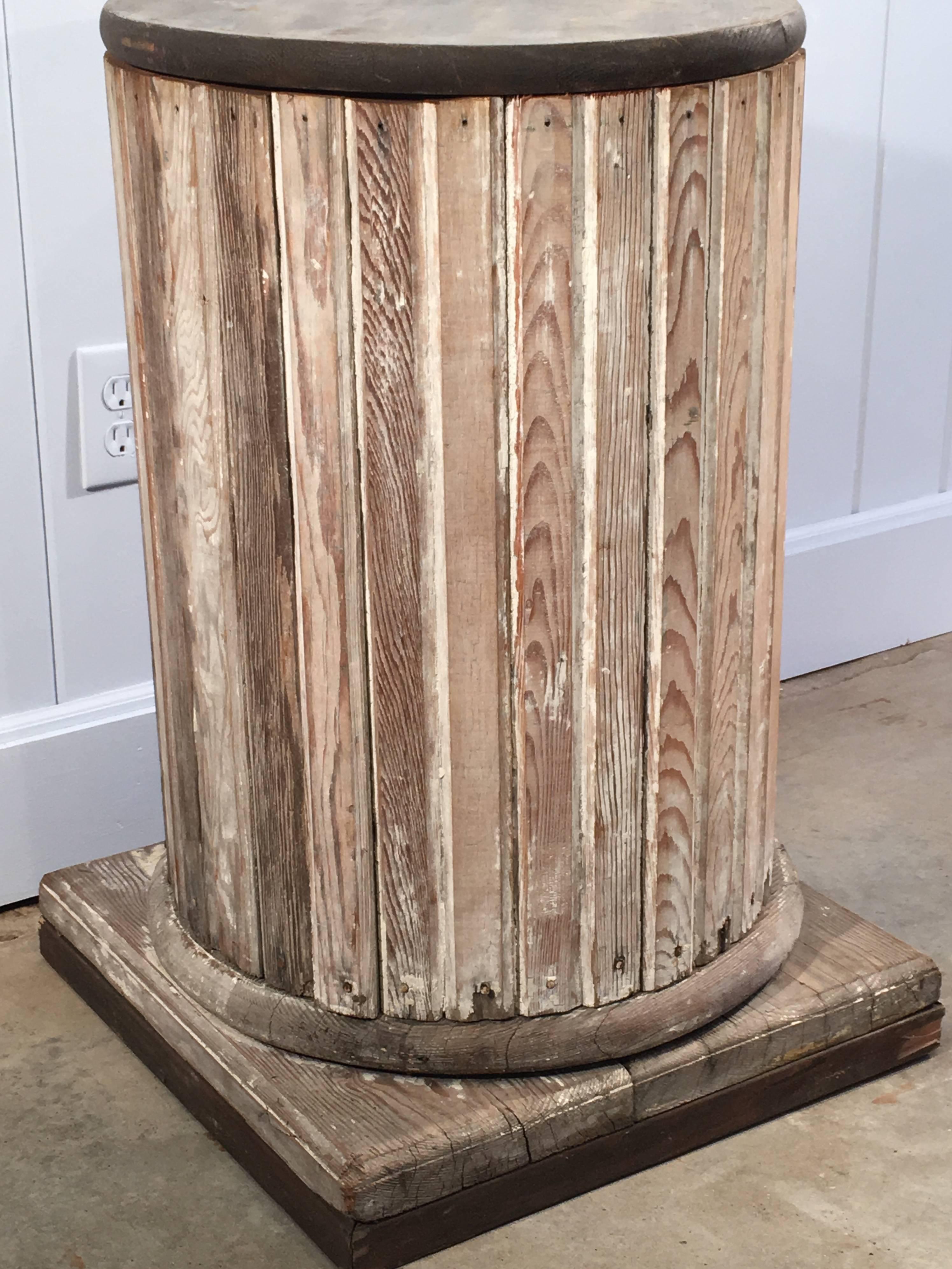 English Round Fluted Wooden Pedestal with Scraped Paint For Sale