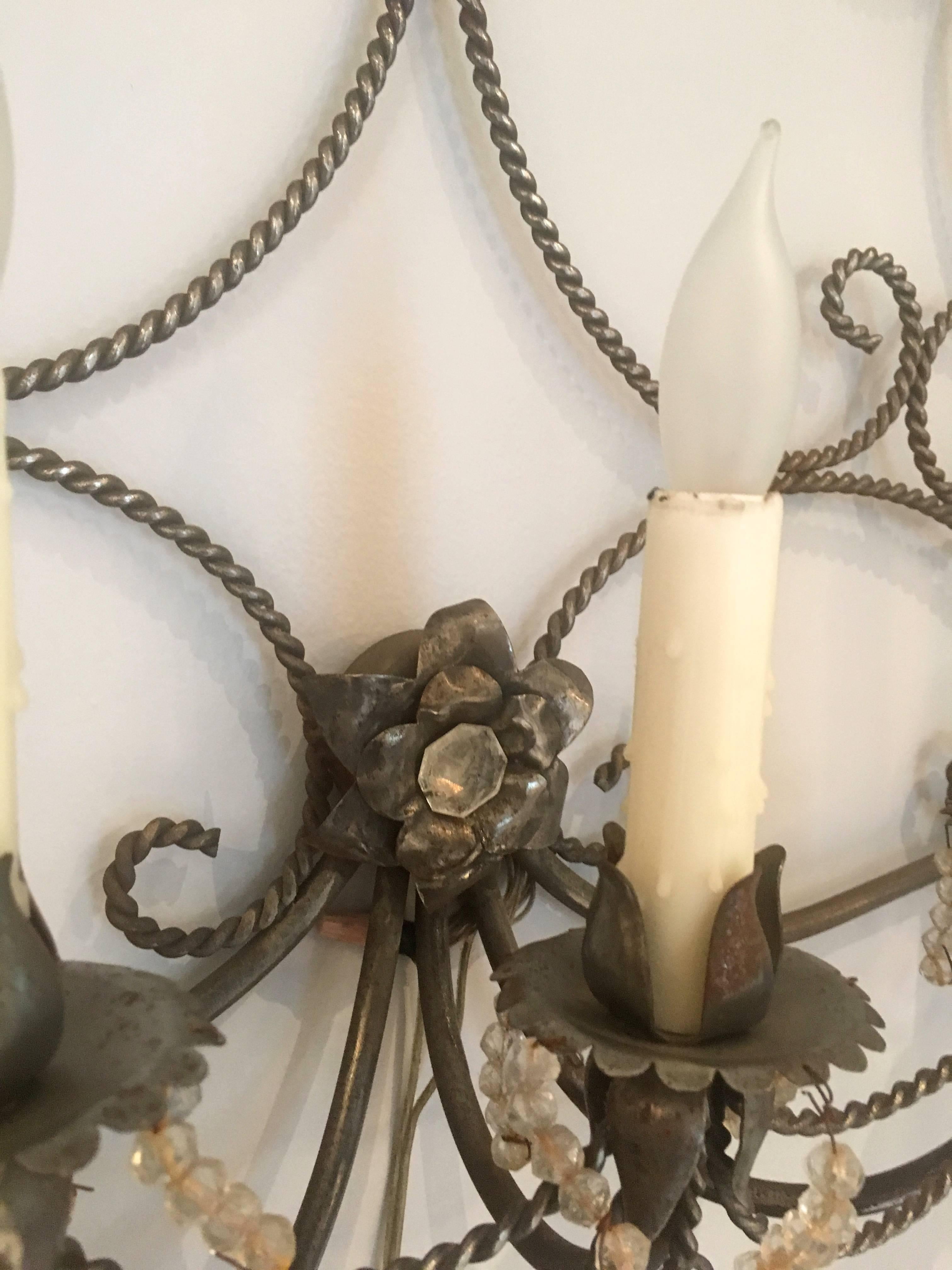 Belle Époque Long French Steel Six-Light Wall Sconce with Tassels and Glass Beads For Sale