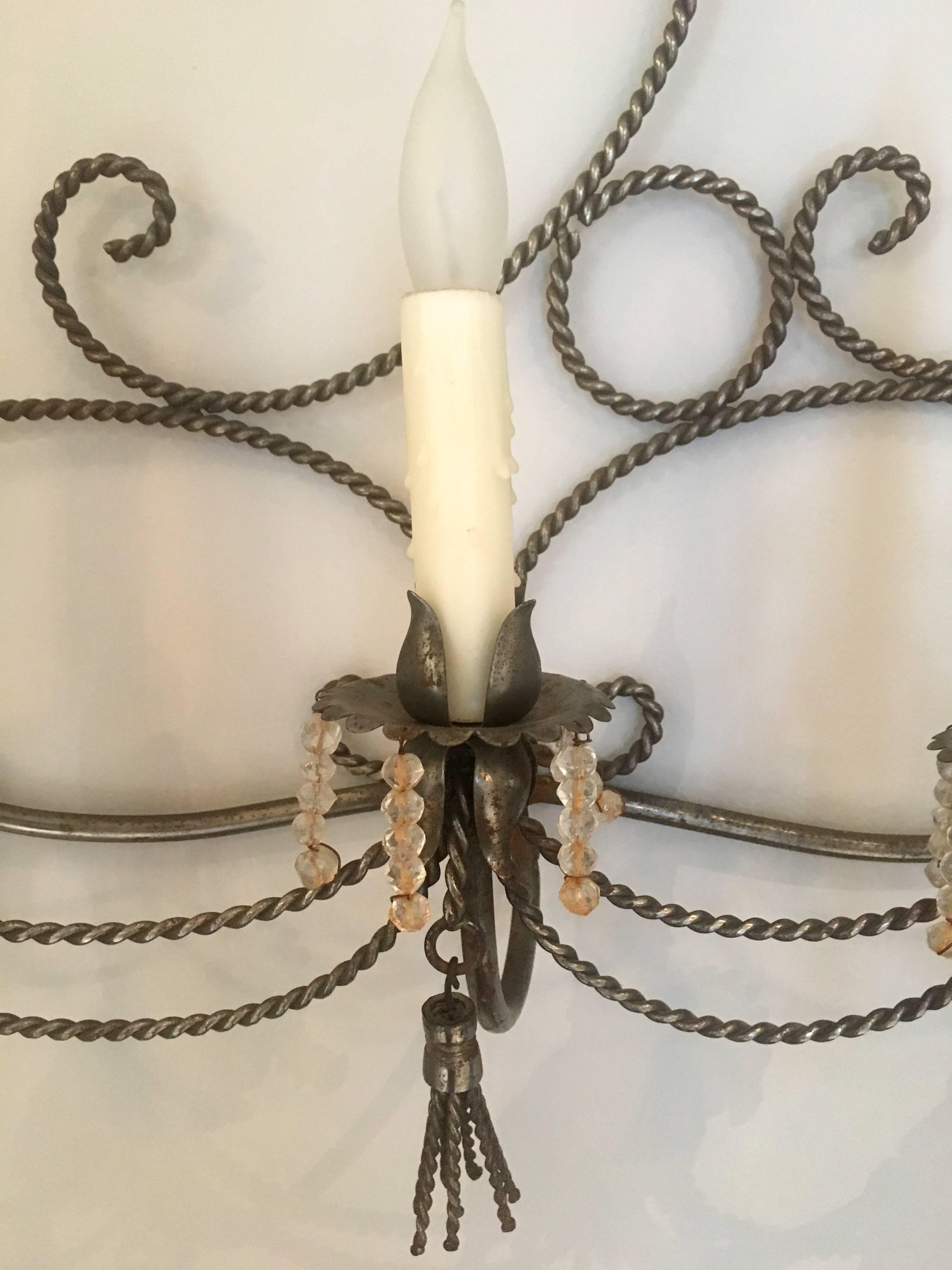20th Century Long French Steel Six-Light Wall Sconce with Tassels and Glass Beads For Sale