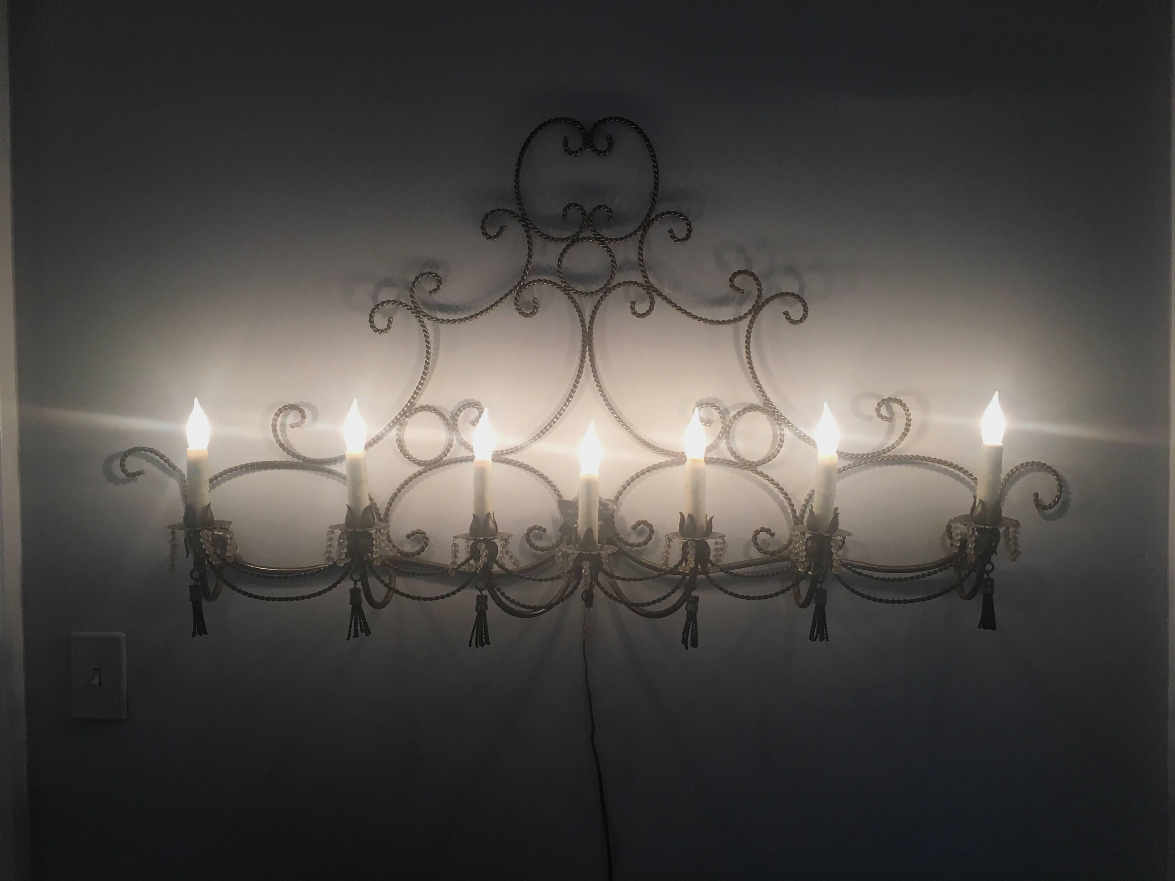 Long French Steel Six-Light Wall Sconce with Tassels and Glass Beads For Sale 2