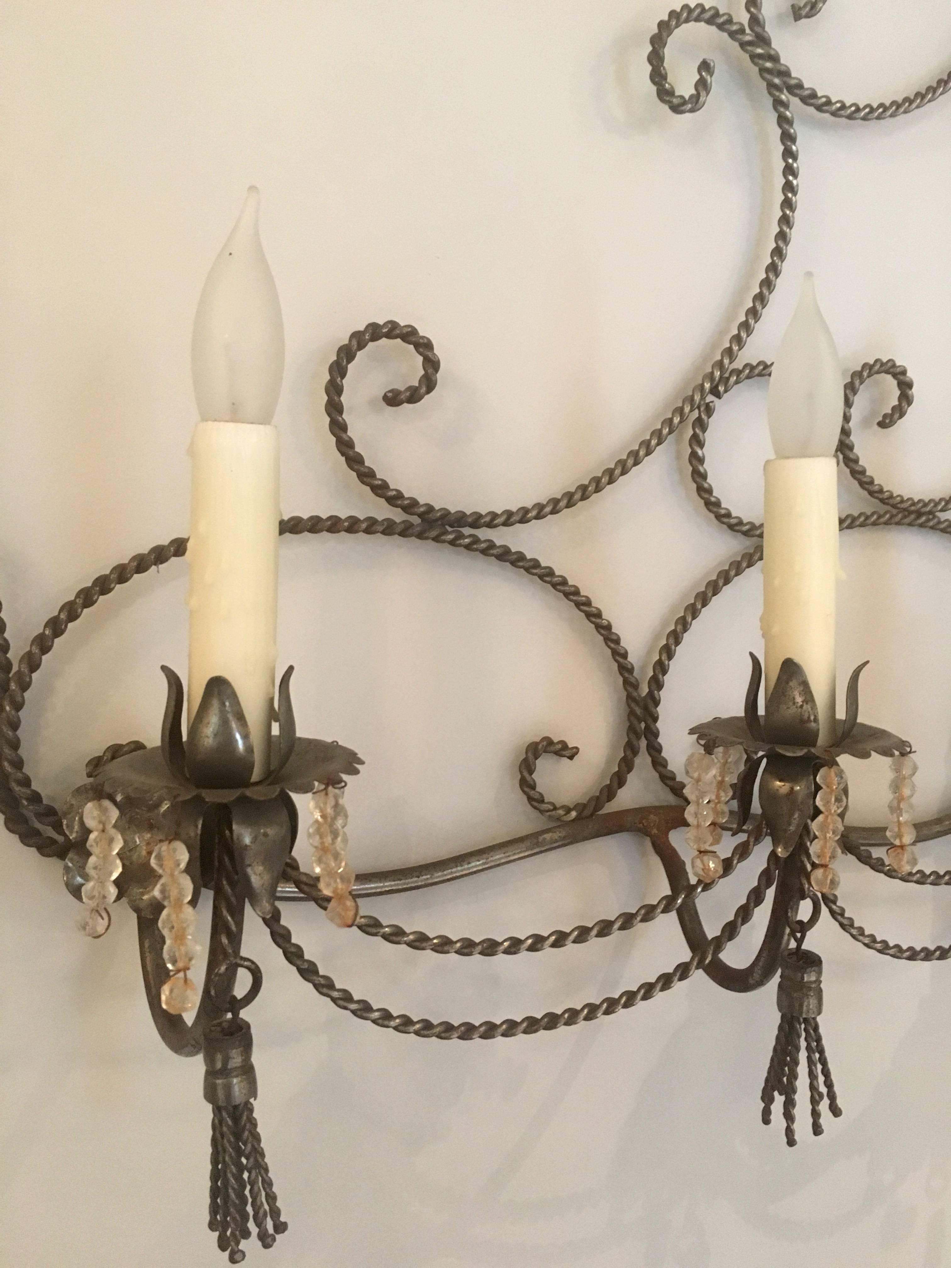 Long French Steel Six-Light Wall Sconce with Tassels and Glass Beads For Sale 1