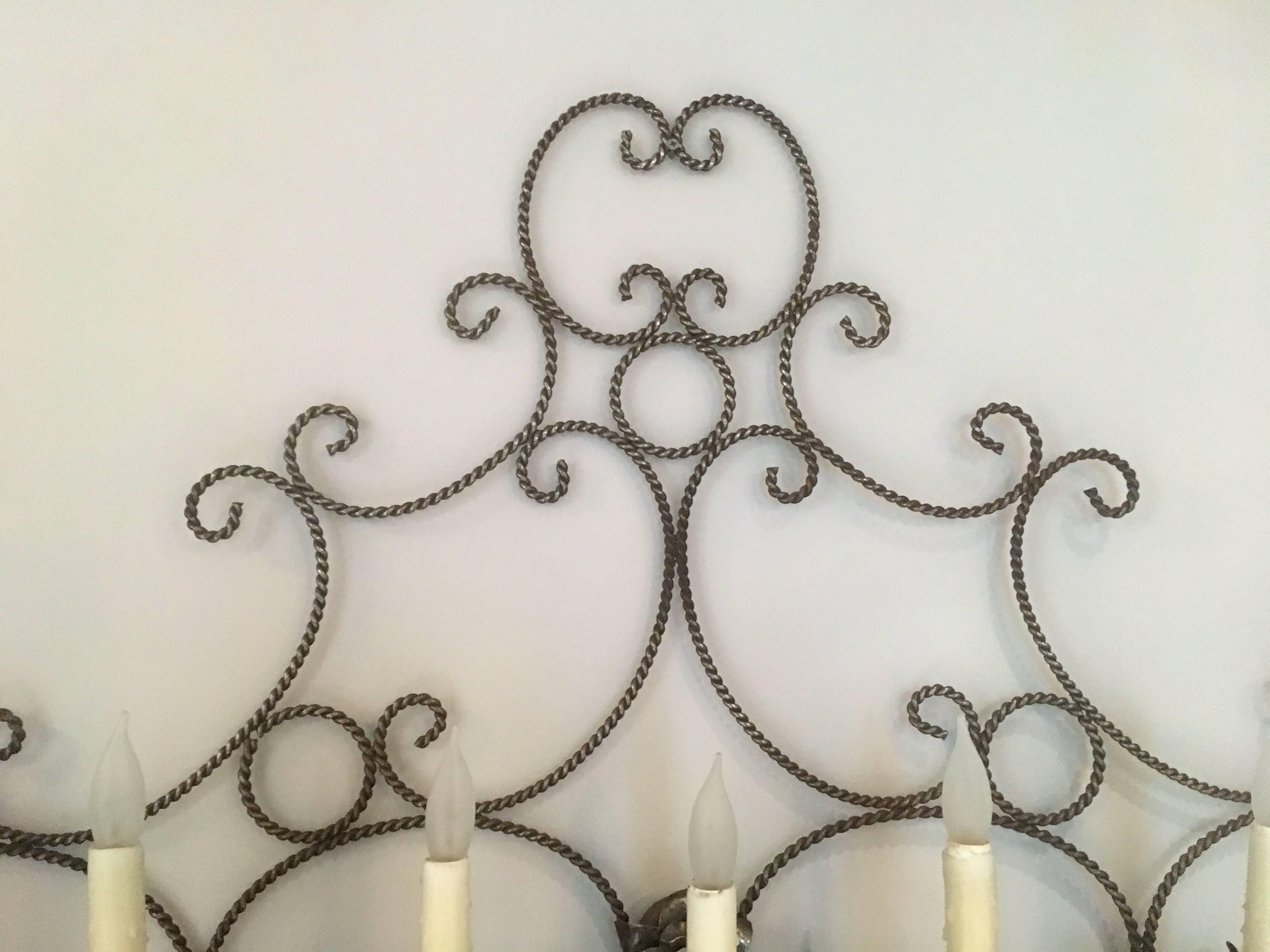 Long French Steel Six-Light Wall Sconce with Tassels and Glass Beads In Good Condition For Sale In Woodbury, CT
