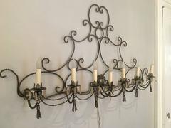 Long French Steel Six-Light Wall Sconce with Tassels and Glass Beads