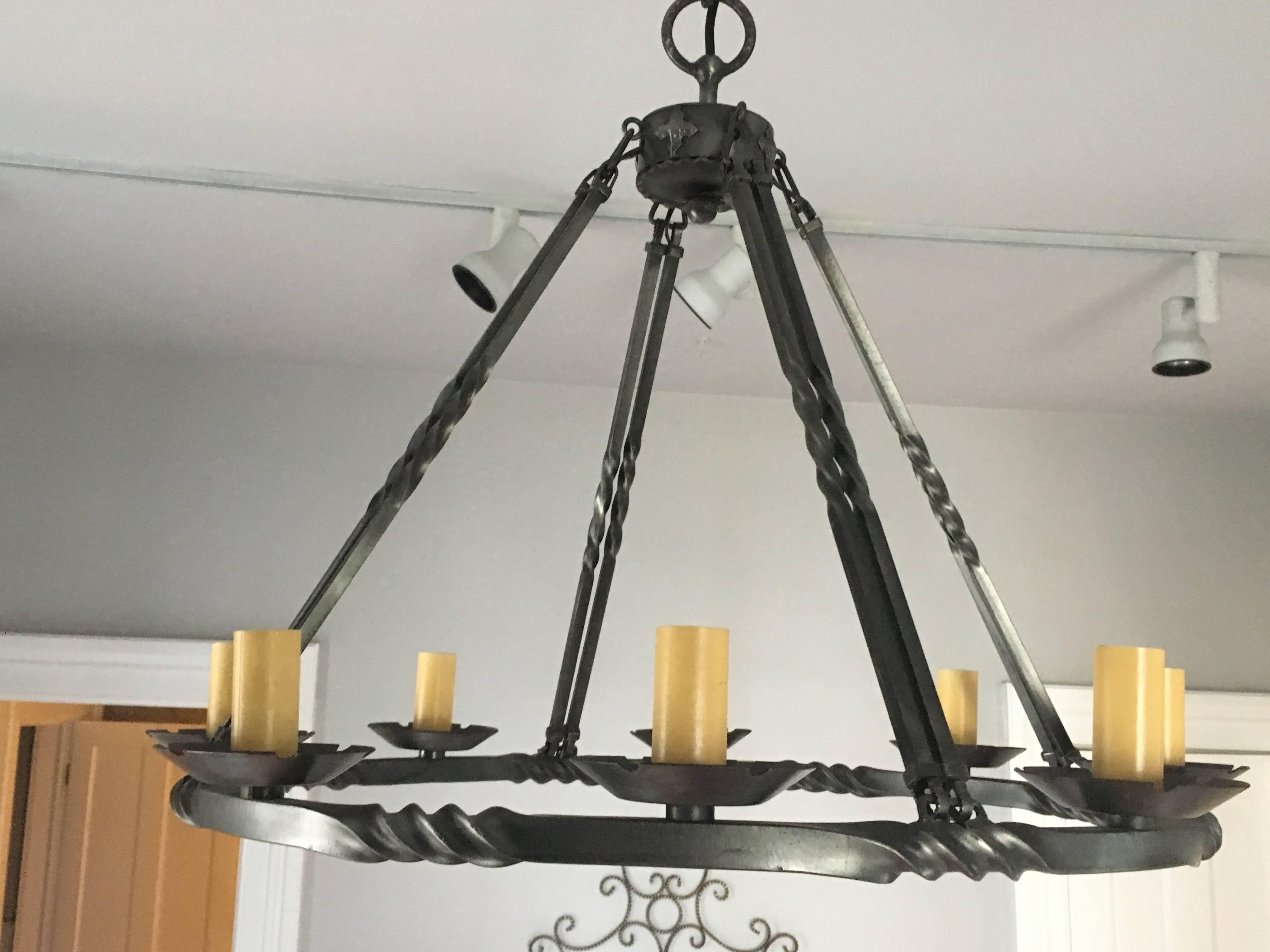 Contemporary French Polished Steel Eight-Light Chandelier In Good Condition For Sale In Woodbury, CT