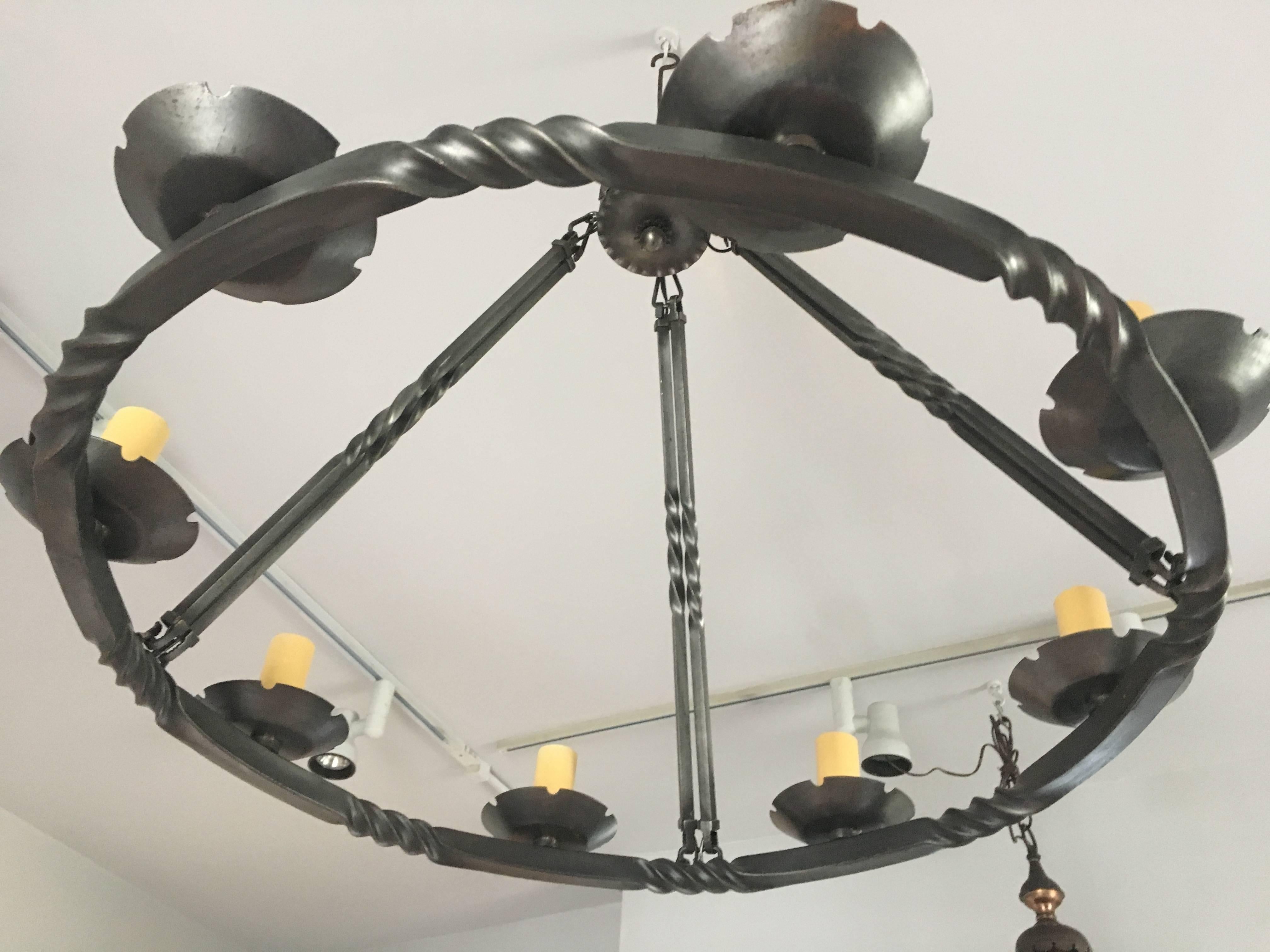 20th Century Contemporary French Polished Steel Eight-Light Chandelier For Sale