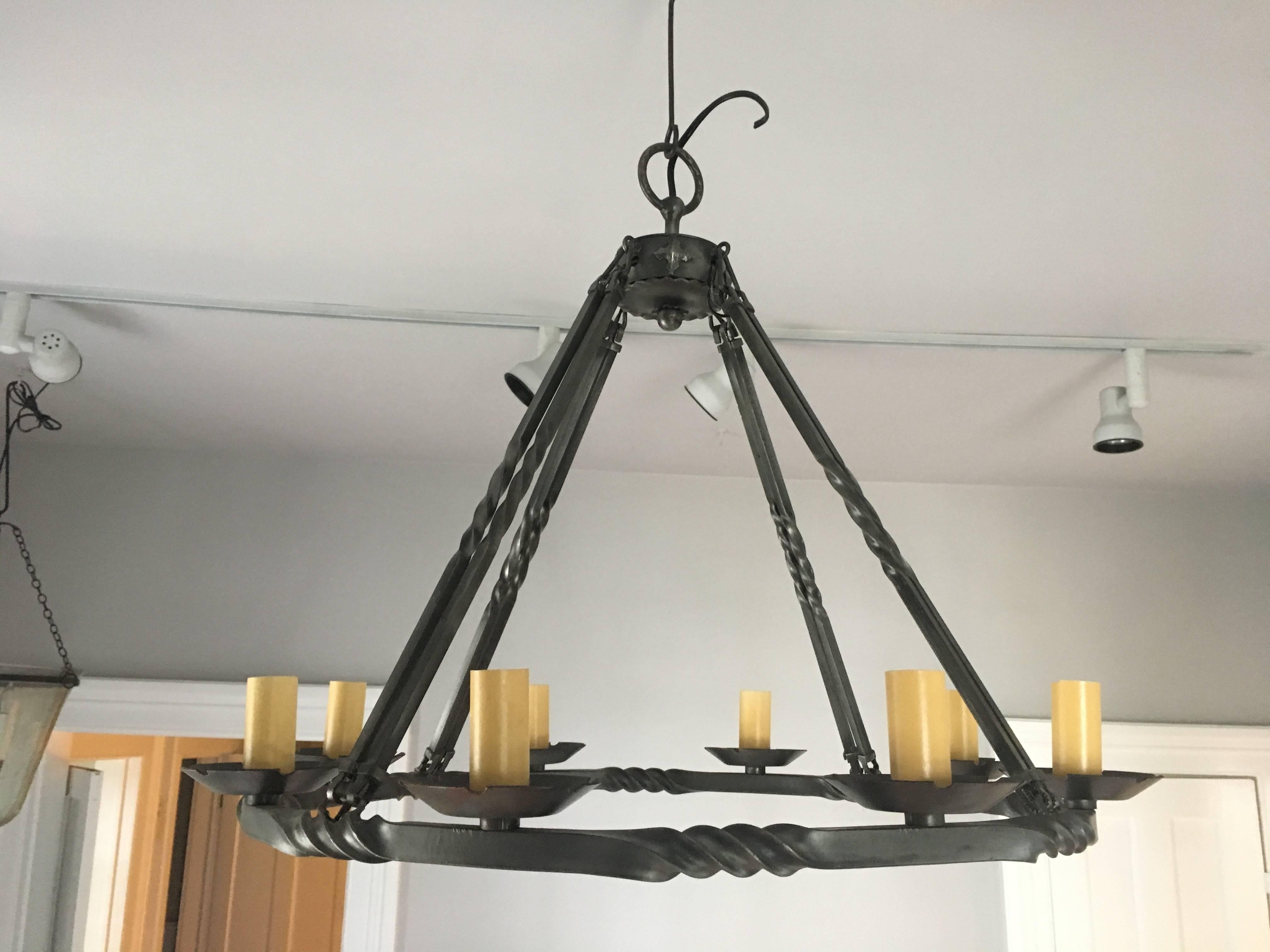 Contemporary French Polished Steel Eight-Light Chandelier For Sale 2