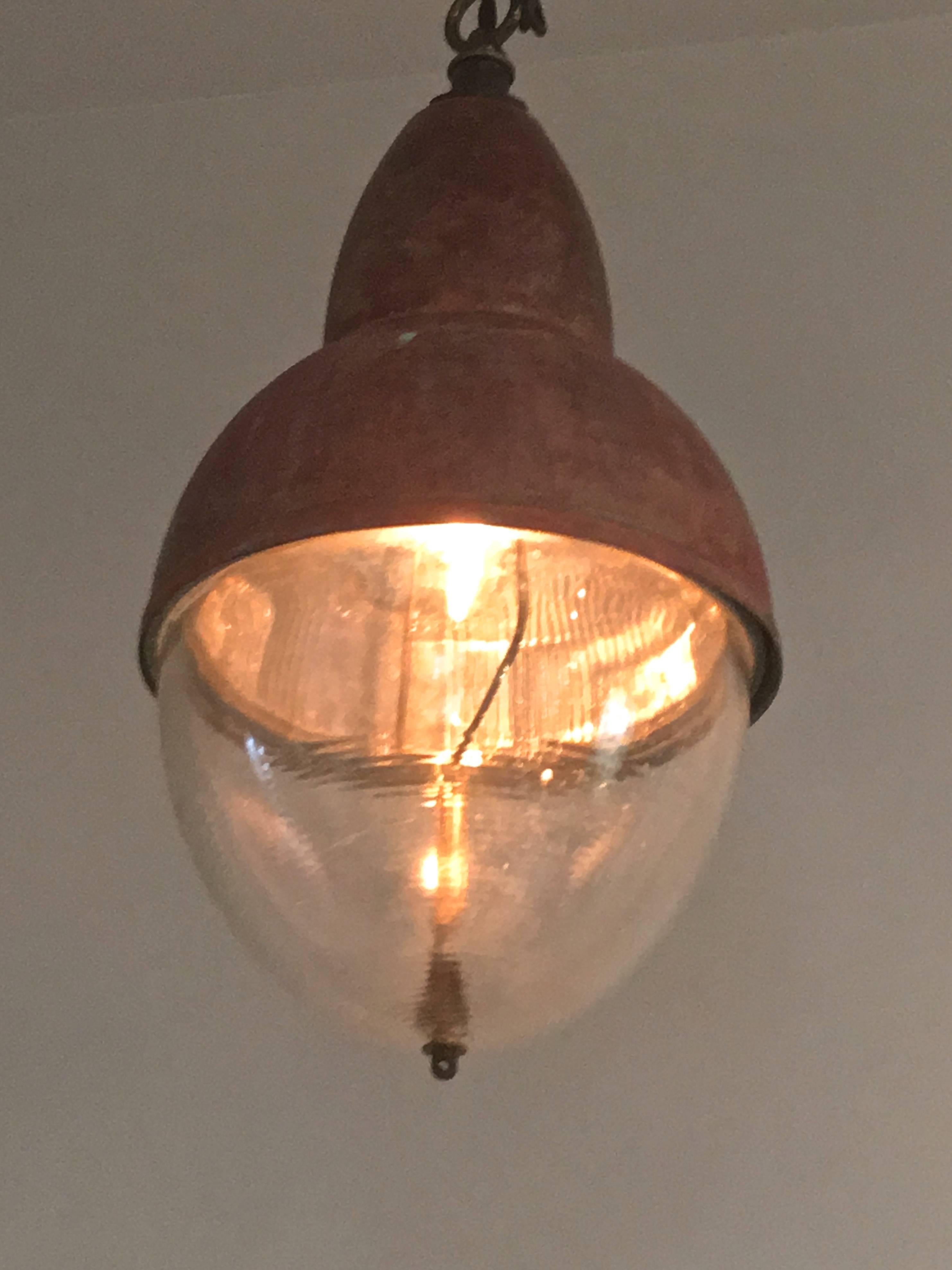 We had pair of these wonderful copper Industrial pendant lights with their original Holophane shades, but one has sold. They have been rewired for the US and would make for a lovely focal point over a bathroom sink, small dining table, or in a small