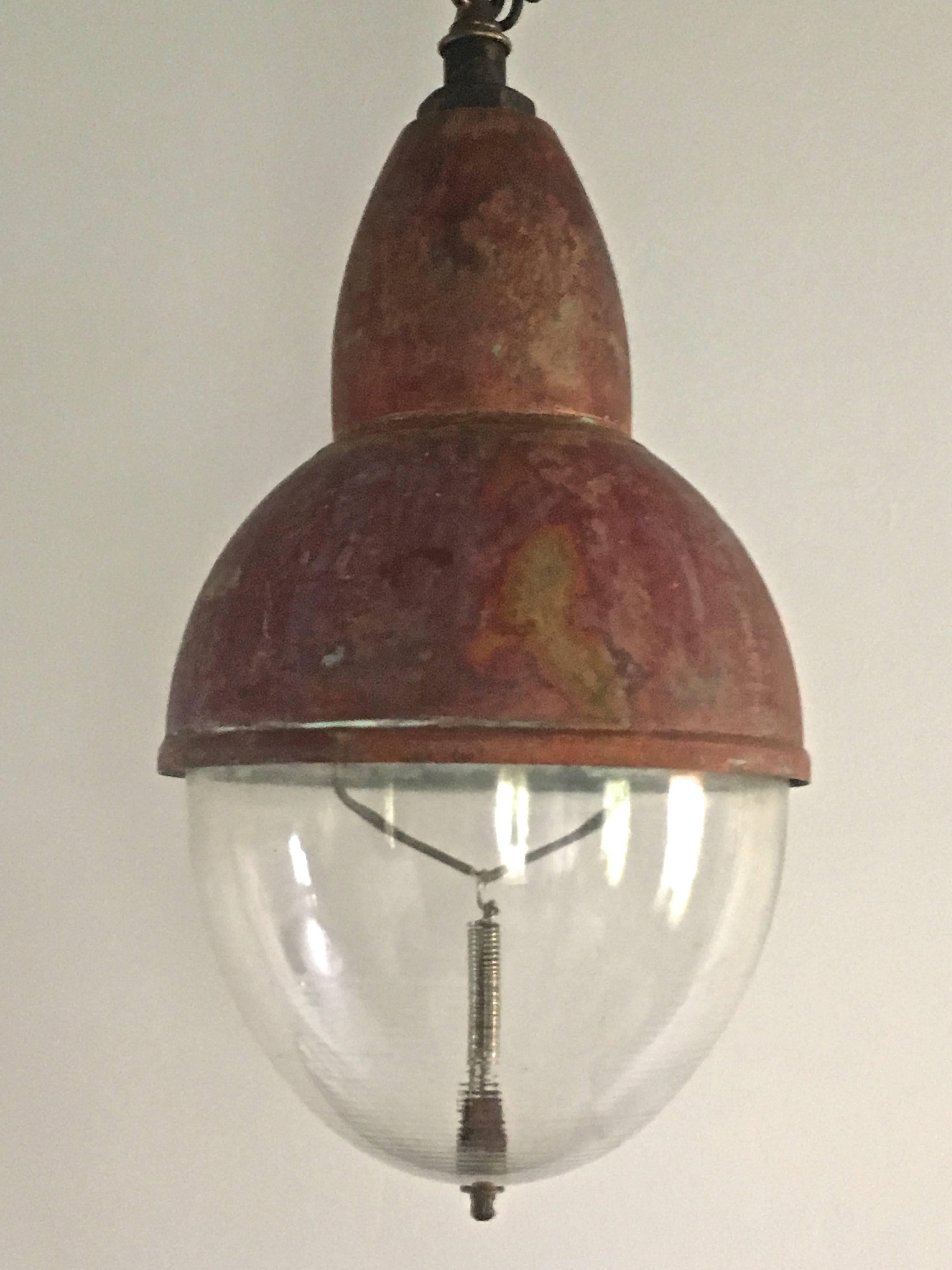 French Copper and Holophane Glass Pendant Light In Excellent Condition In Woodbury, CT