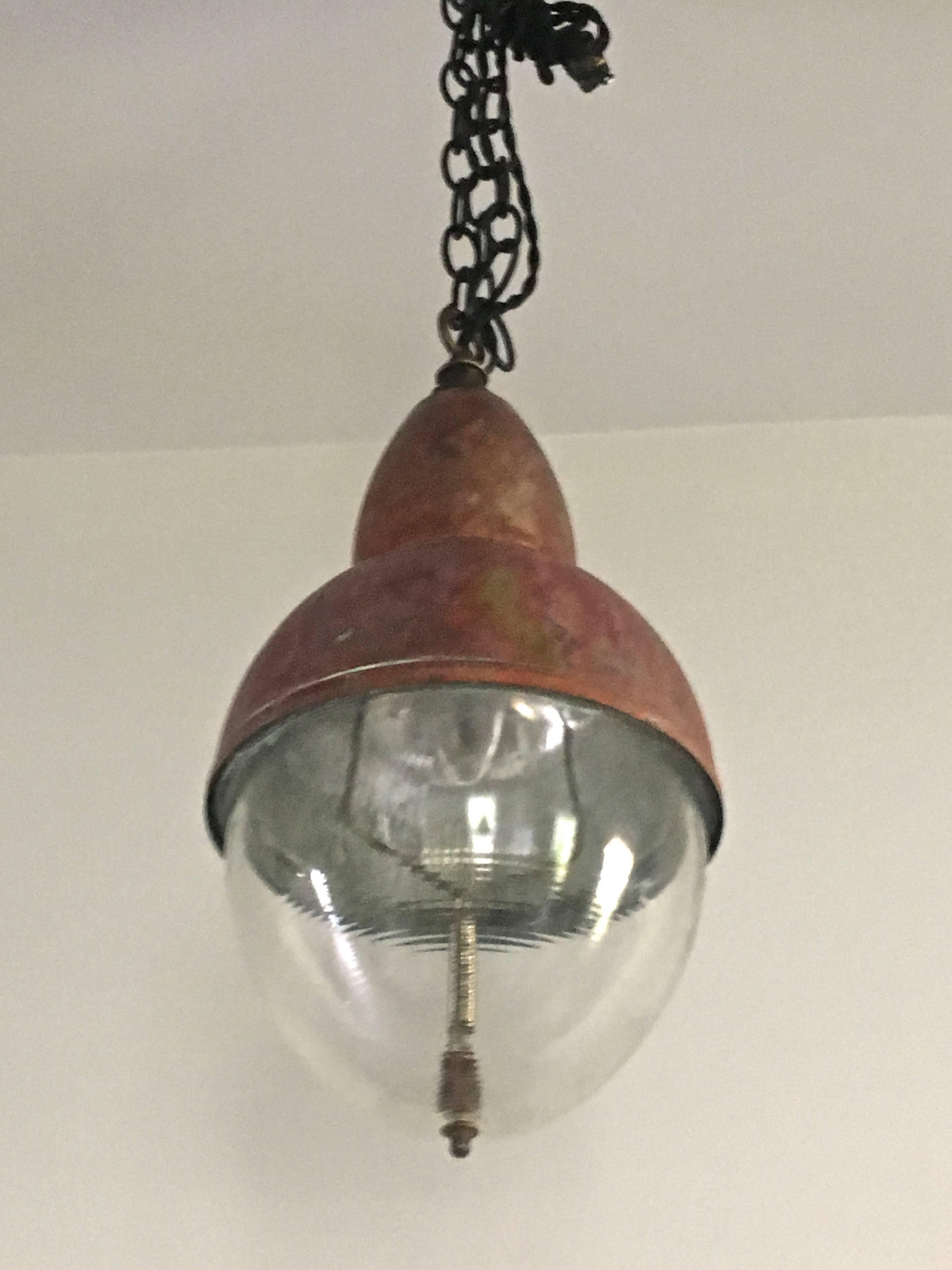 20th Century French Copper and Holophane Glass Pendant Light