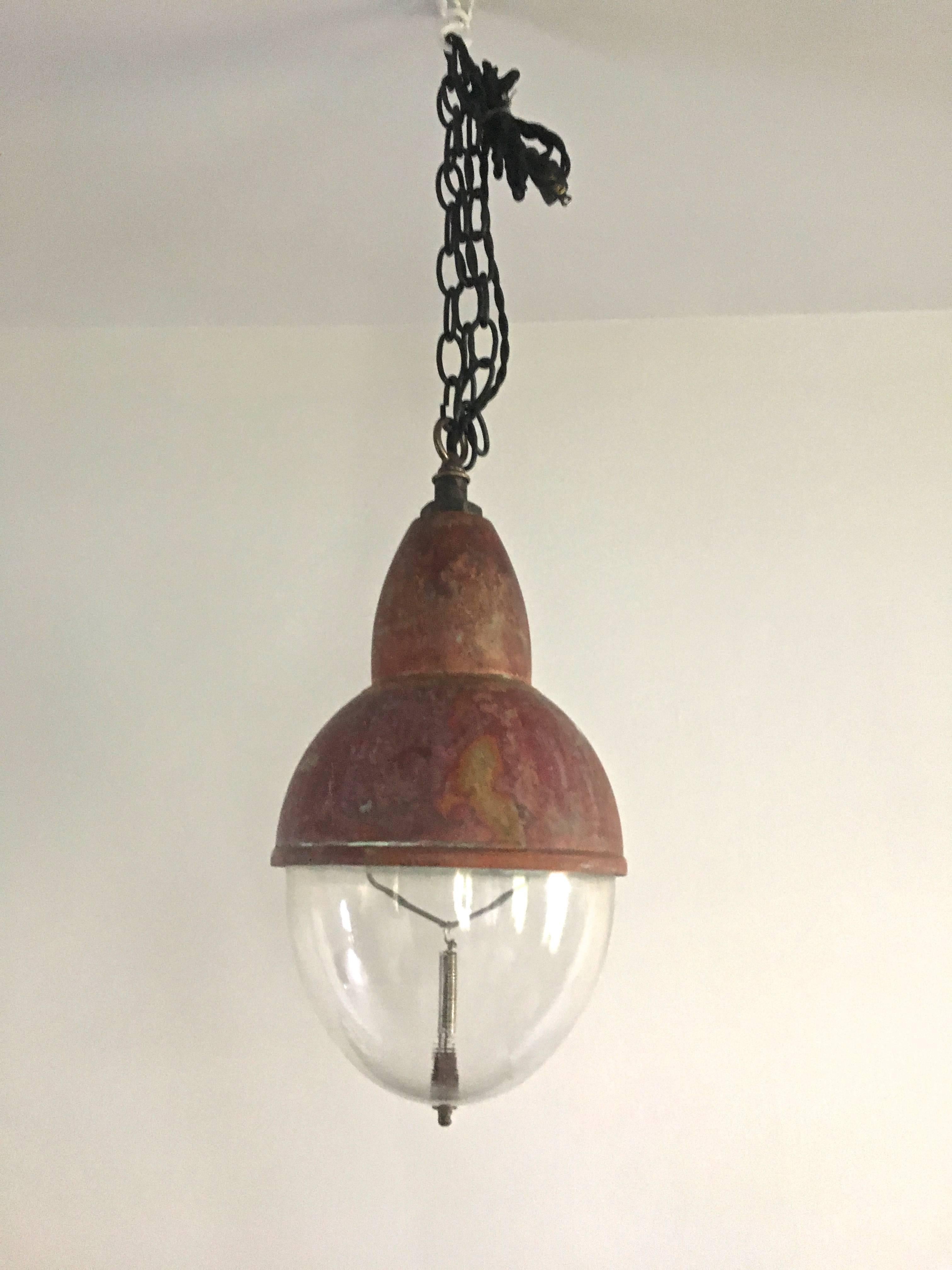 French Copper and Holophane Glass Pendant Light 1