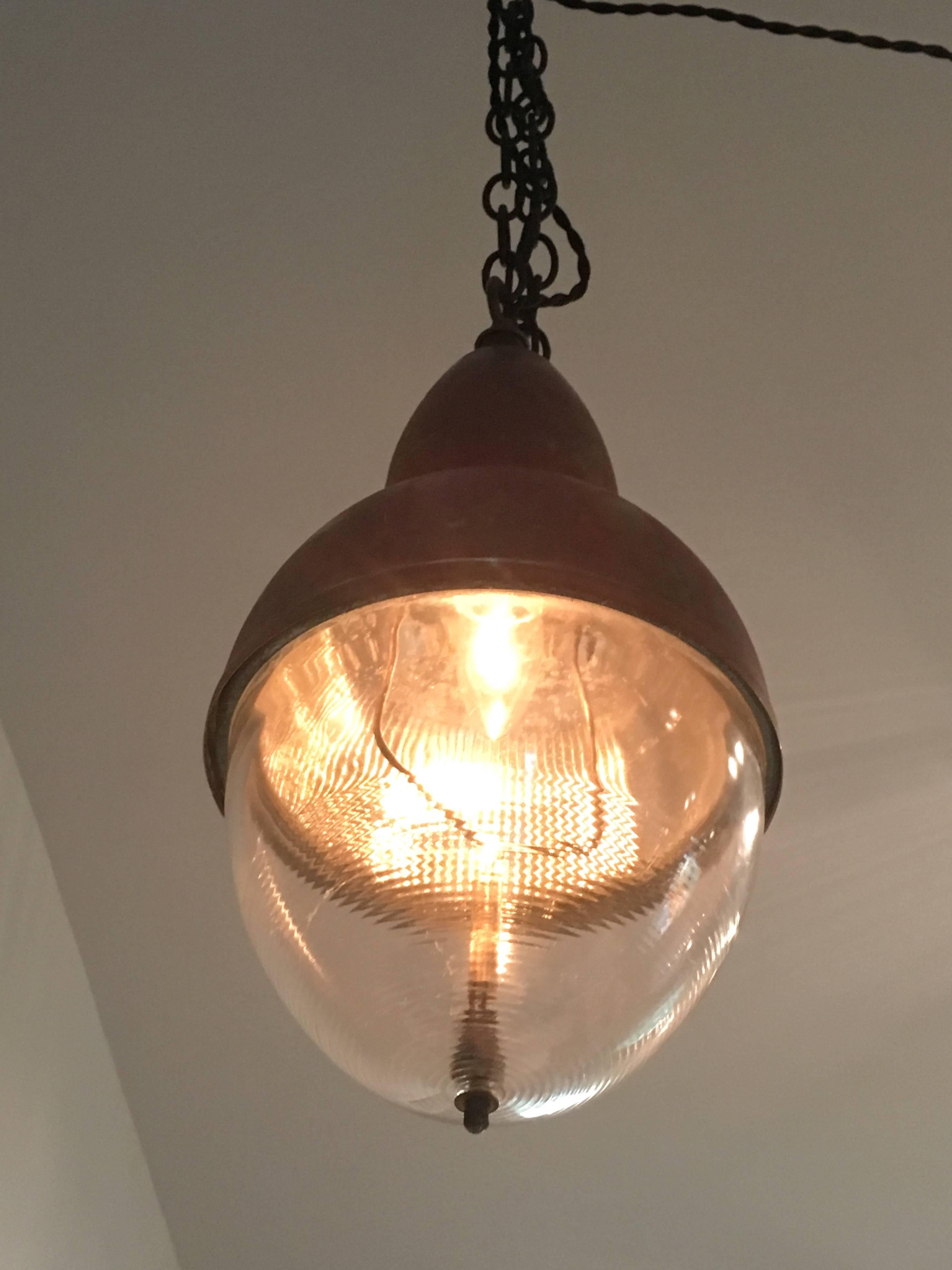 Mid-Century Modern French Copper and Holophane Glass Pendant Light