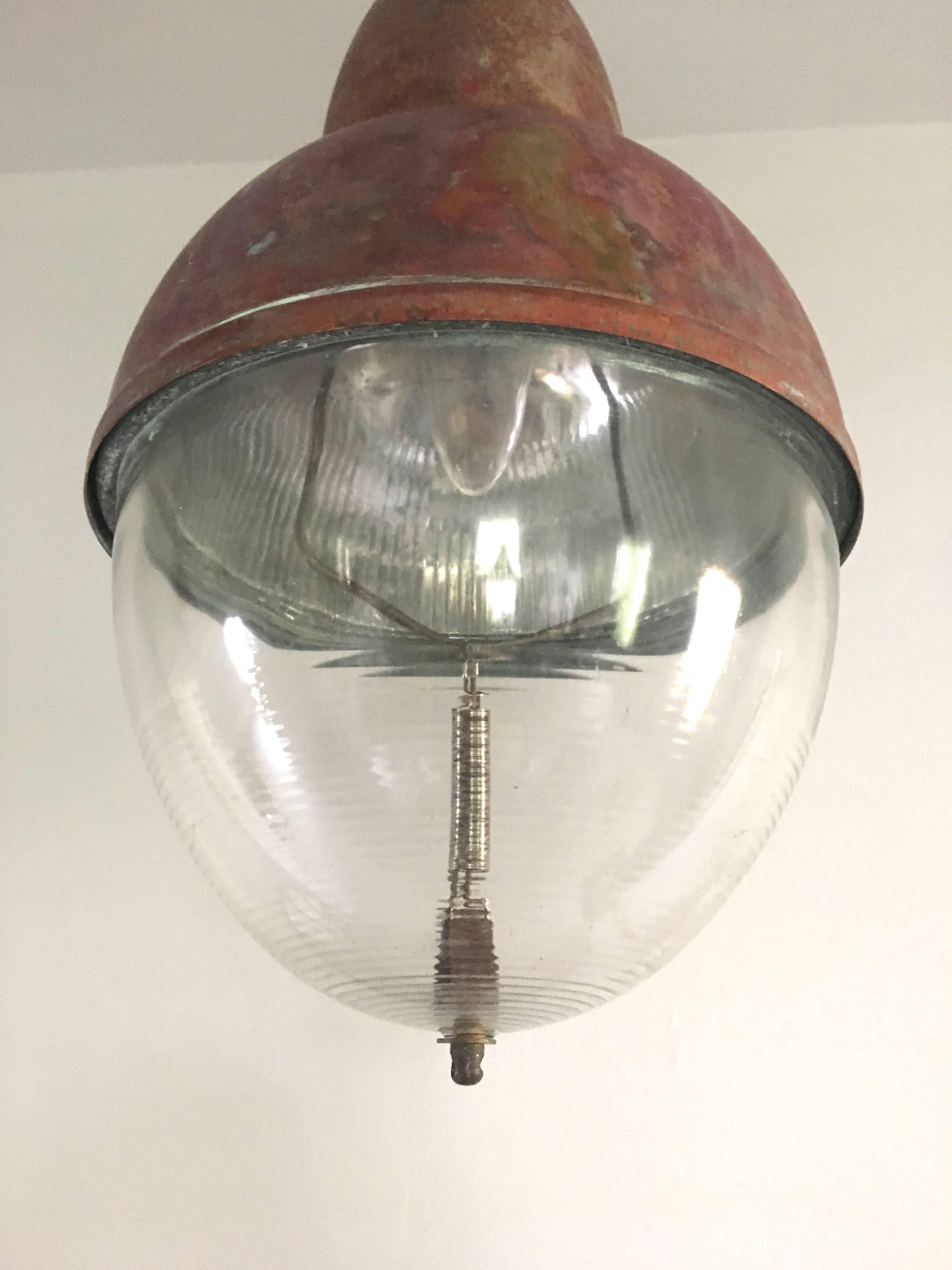 French Copper and Holophane Glass Pendant Light 2