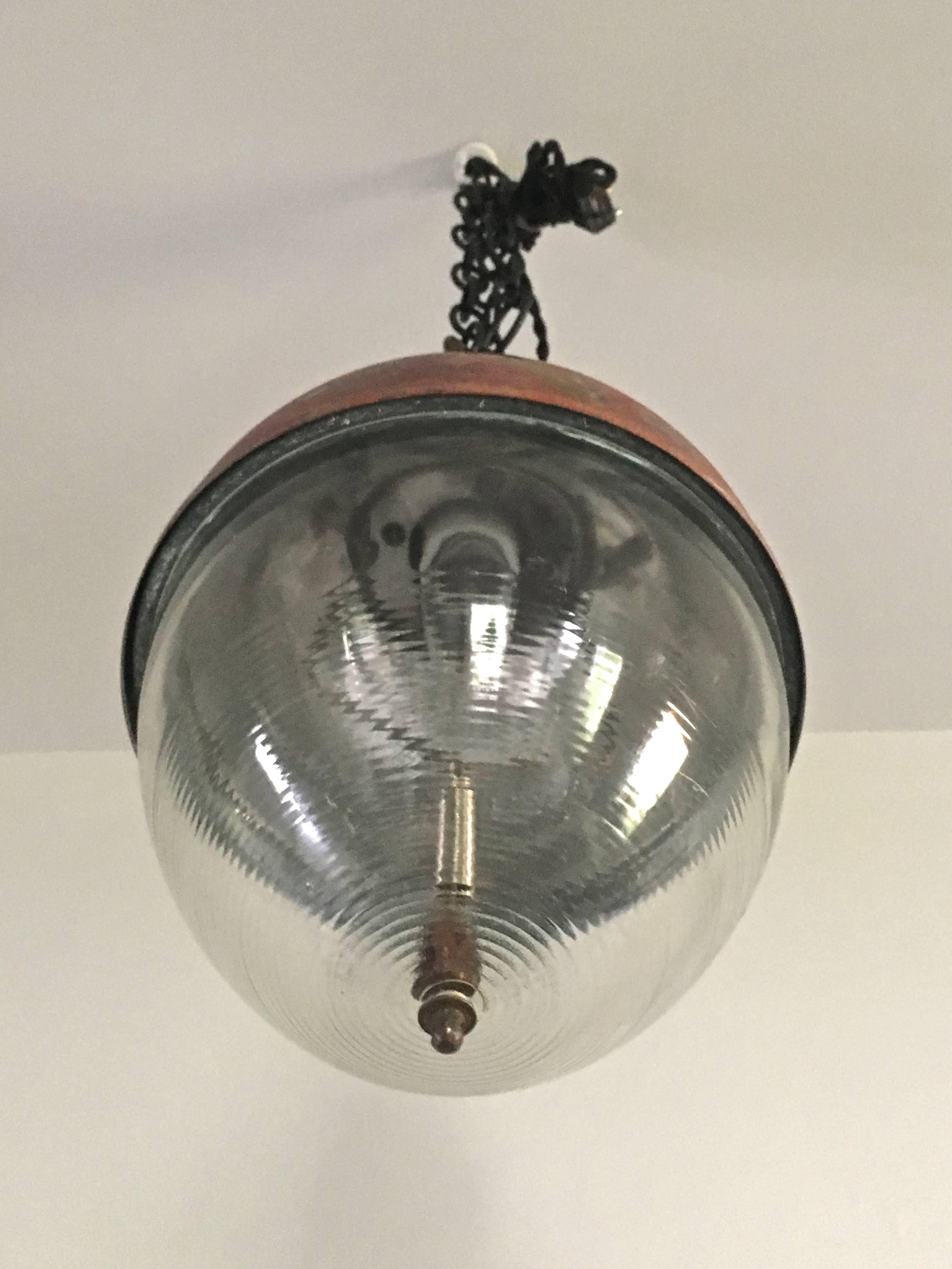 French Copper and Holophane Glass Pendant Light 3