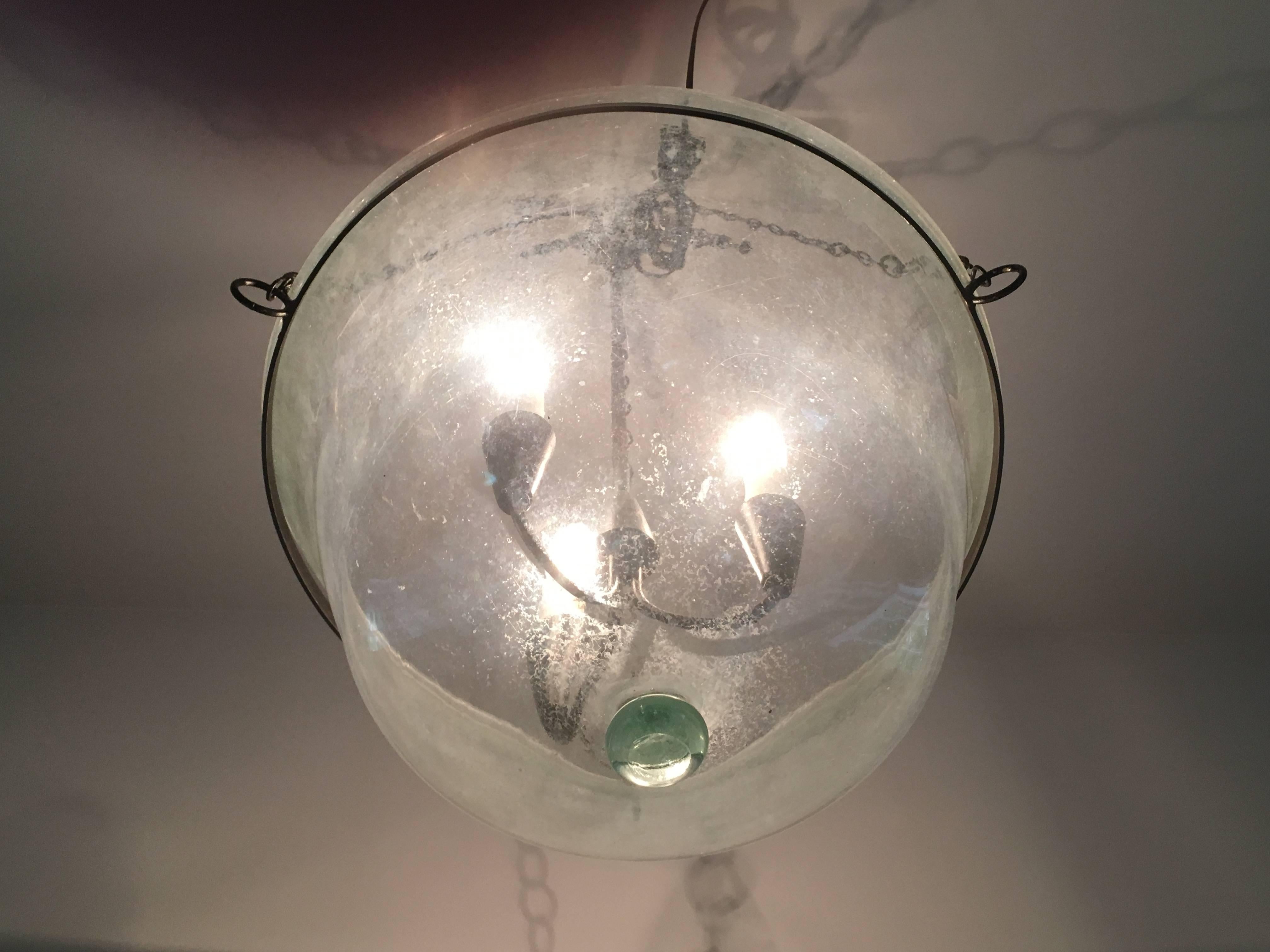 French Handblown Glass Melon Cloche Pendant Light In Excellent Condition In Woodbury, CT