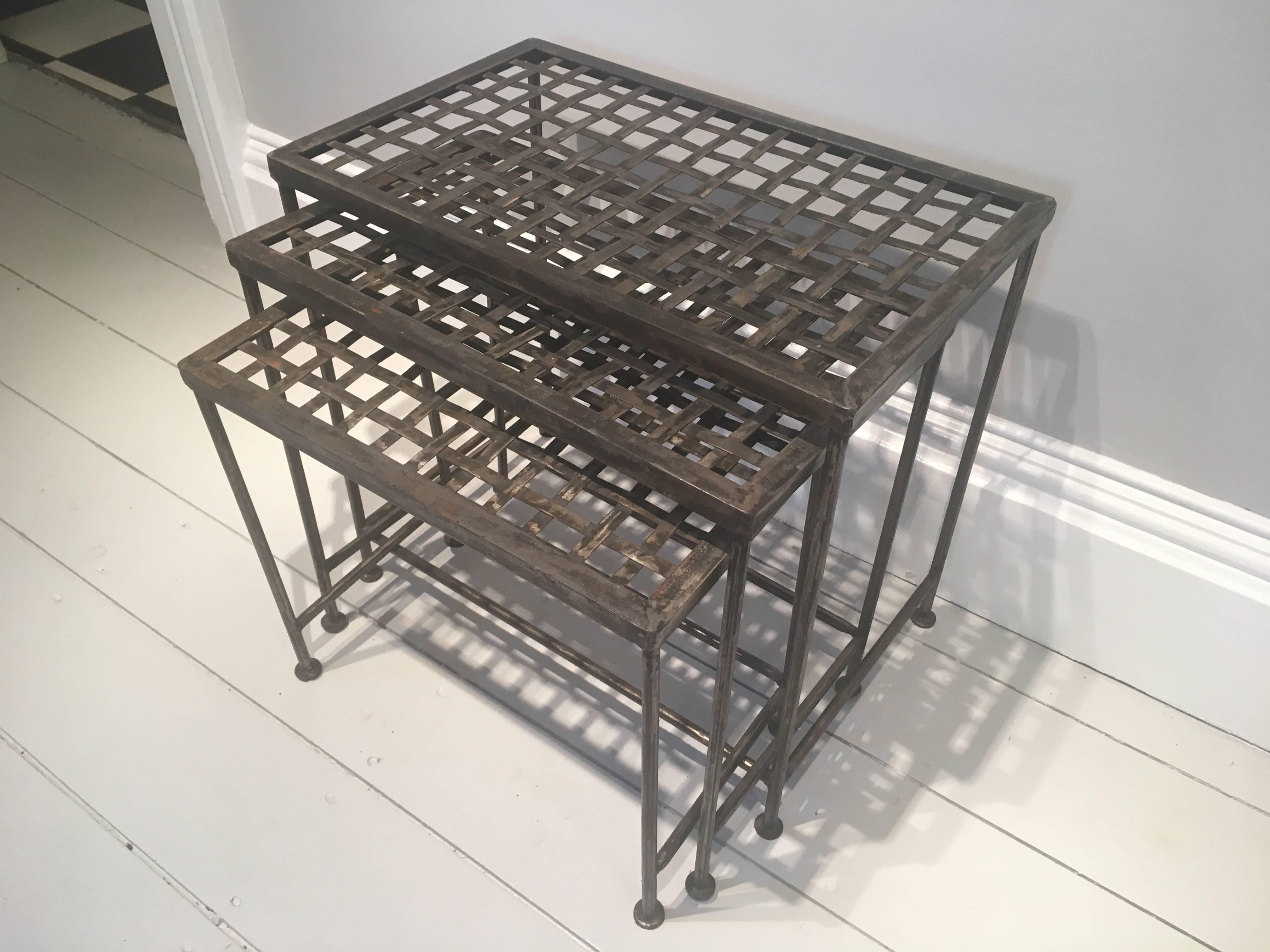 Mid-Century Modern Set of Three Graduated Polished Woven Steel Nesting Tables