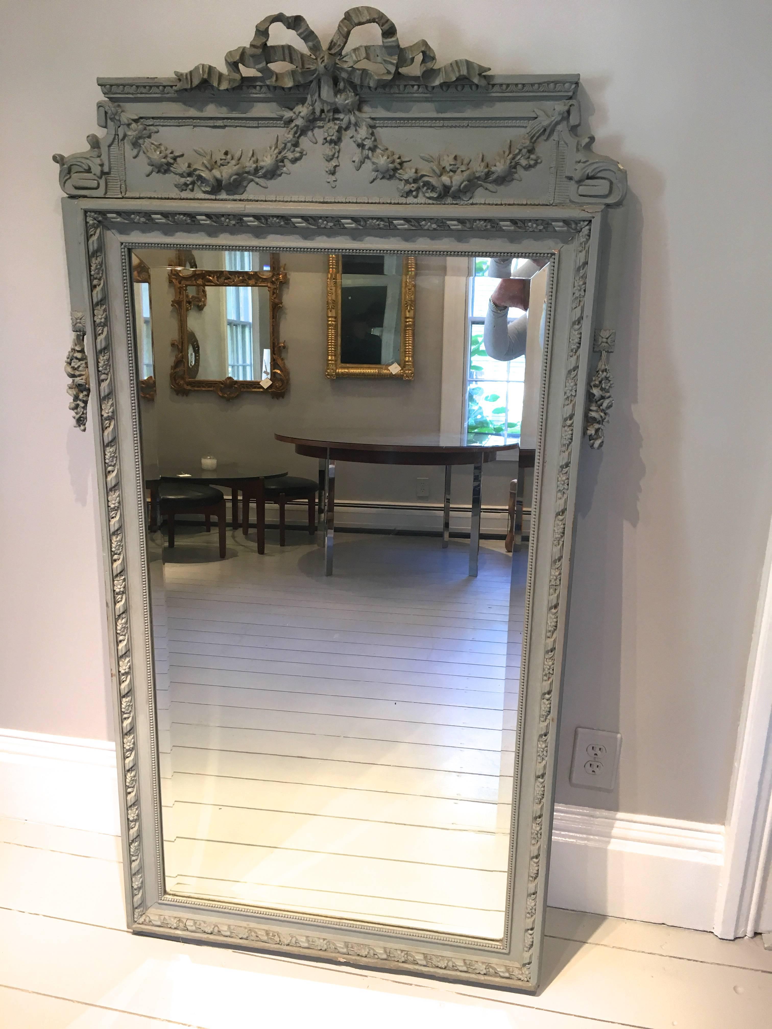 Large Painted French Wood and Gesso Mirror with Original Beveled Glass For Sale 2