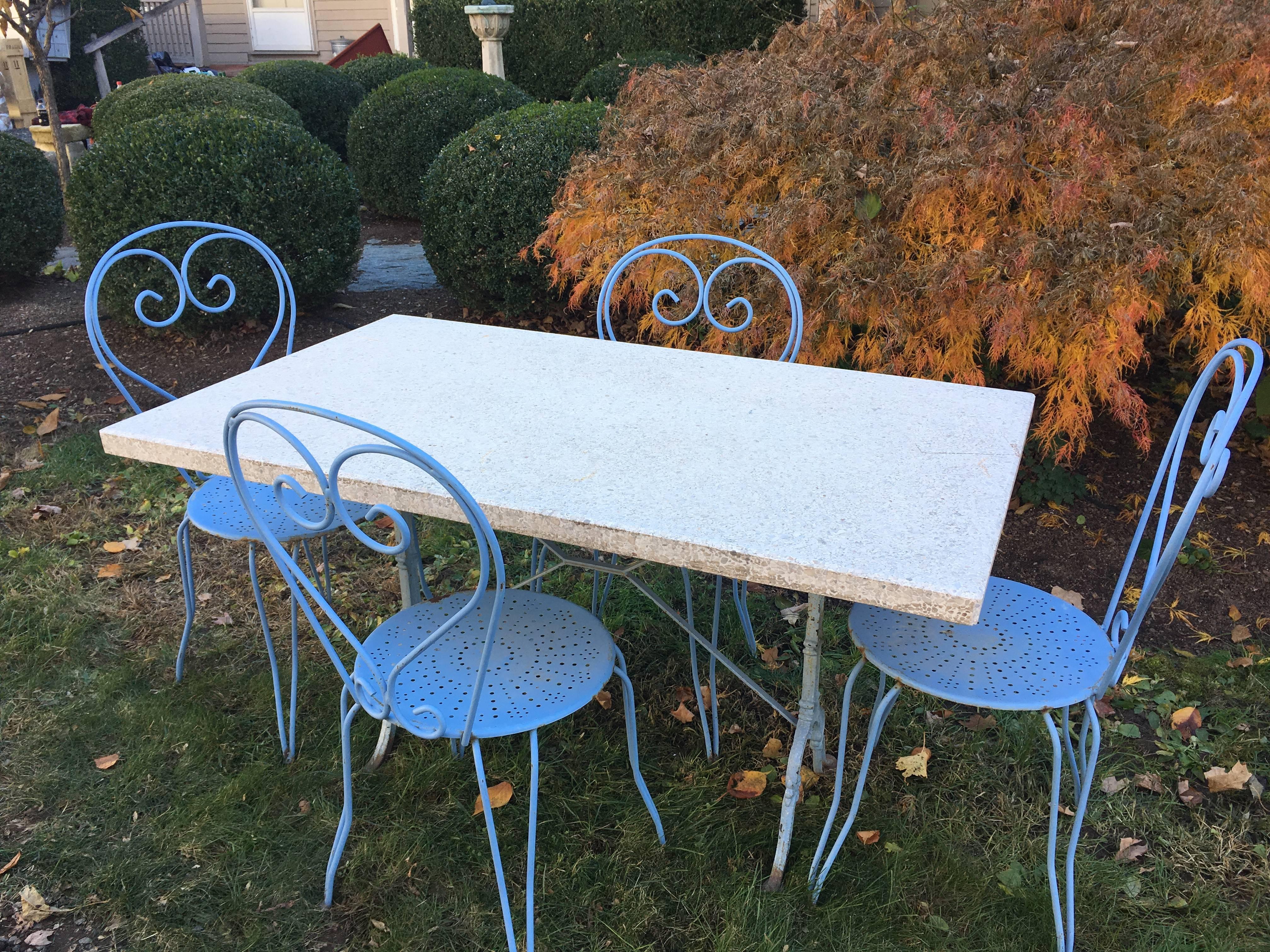 Cast French Terrazzo-Topped Garden Dining Set for Four, Signed Godin For Sale