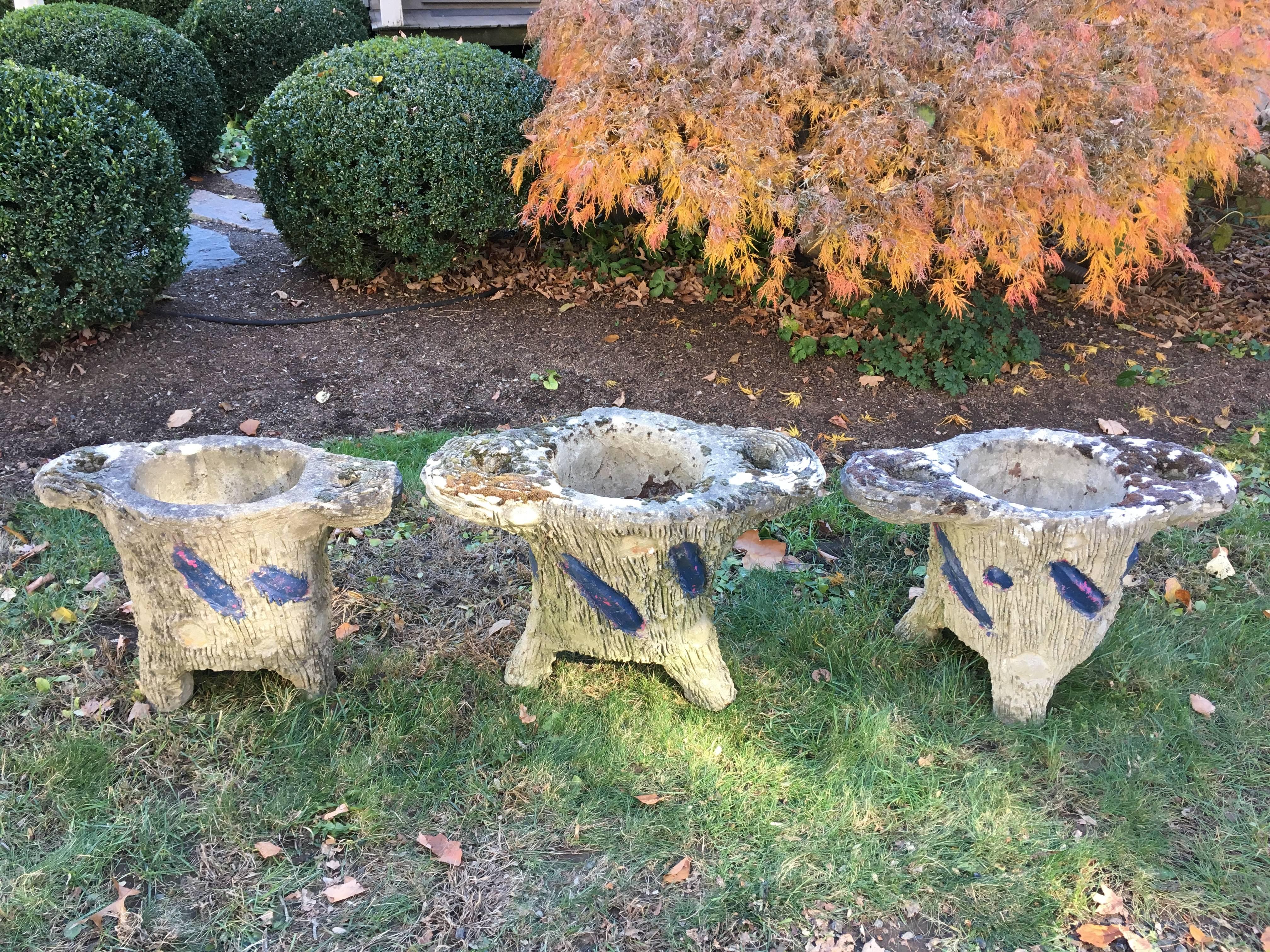 Now here is a form we have never seen before...a really unusual set of three faux bois planters with heavy moss and partially-painted surface in blue and pink. Very Gaudiesque, these have deep planting wells and are in excellent condition. Sold as a