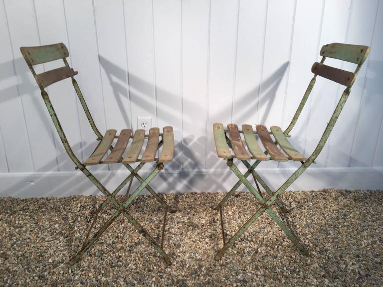 Set of Four French Painted Wood and Iron Folding Bistro Chairs at