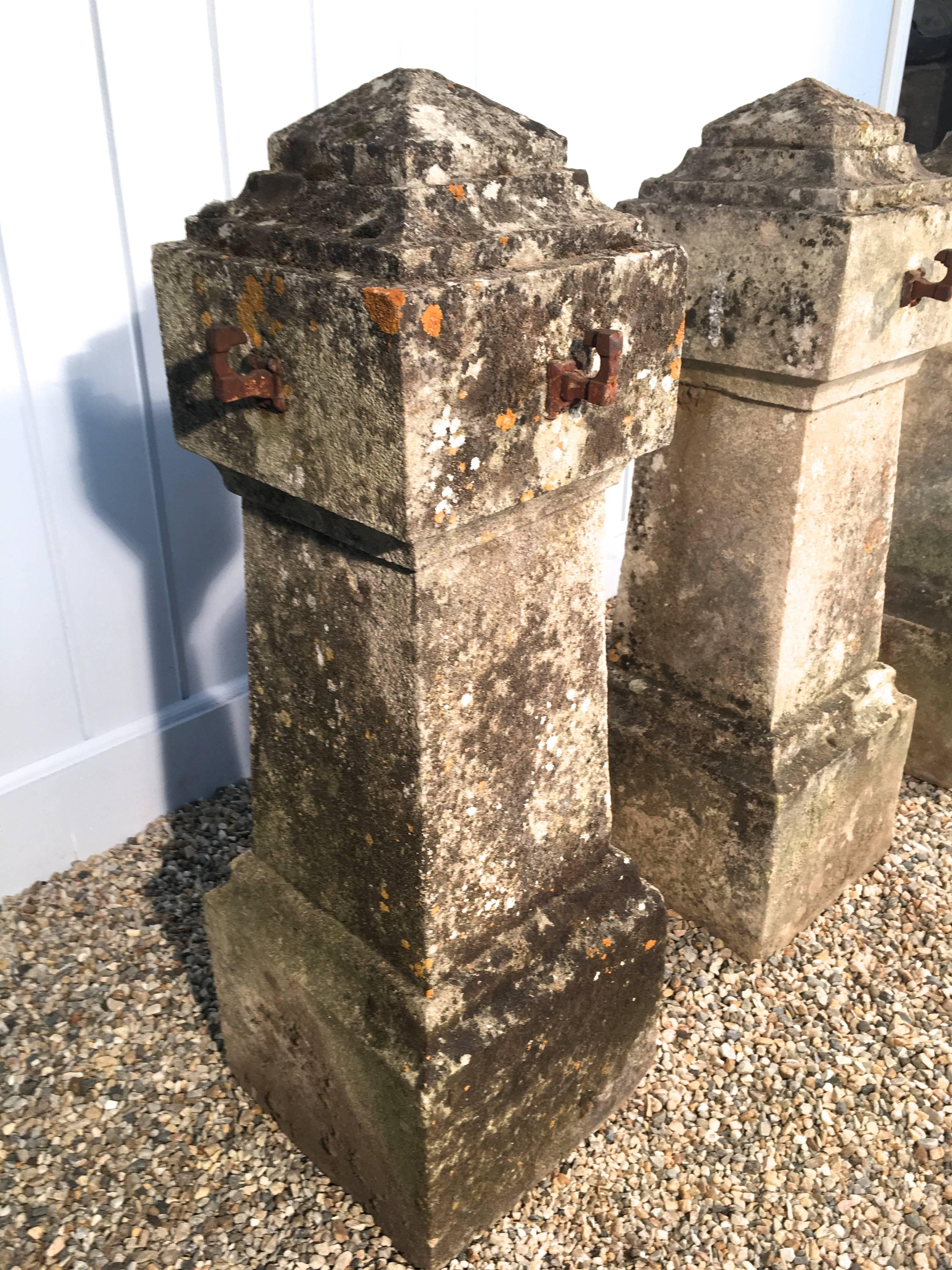 French Magnificent Set of Three 18th Century Limestone Entrance Pillars with Chains