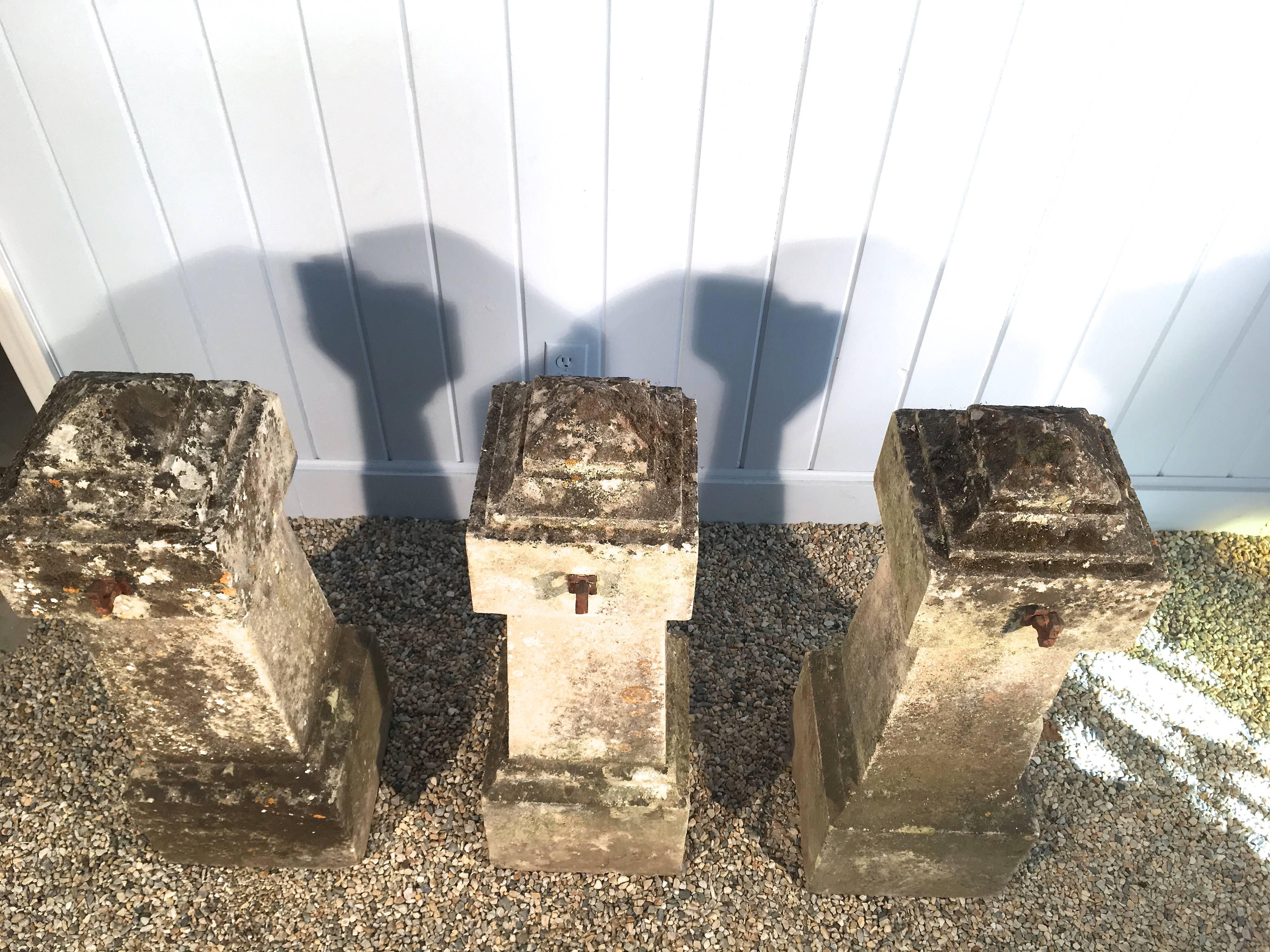 Wrought Iron Magnificent Set of Three 18th Century Limestone Entrance Pillars with Chains 