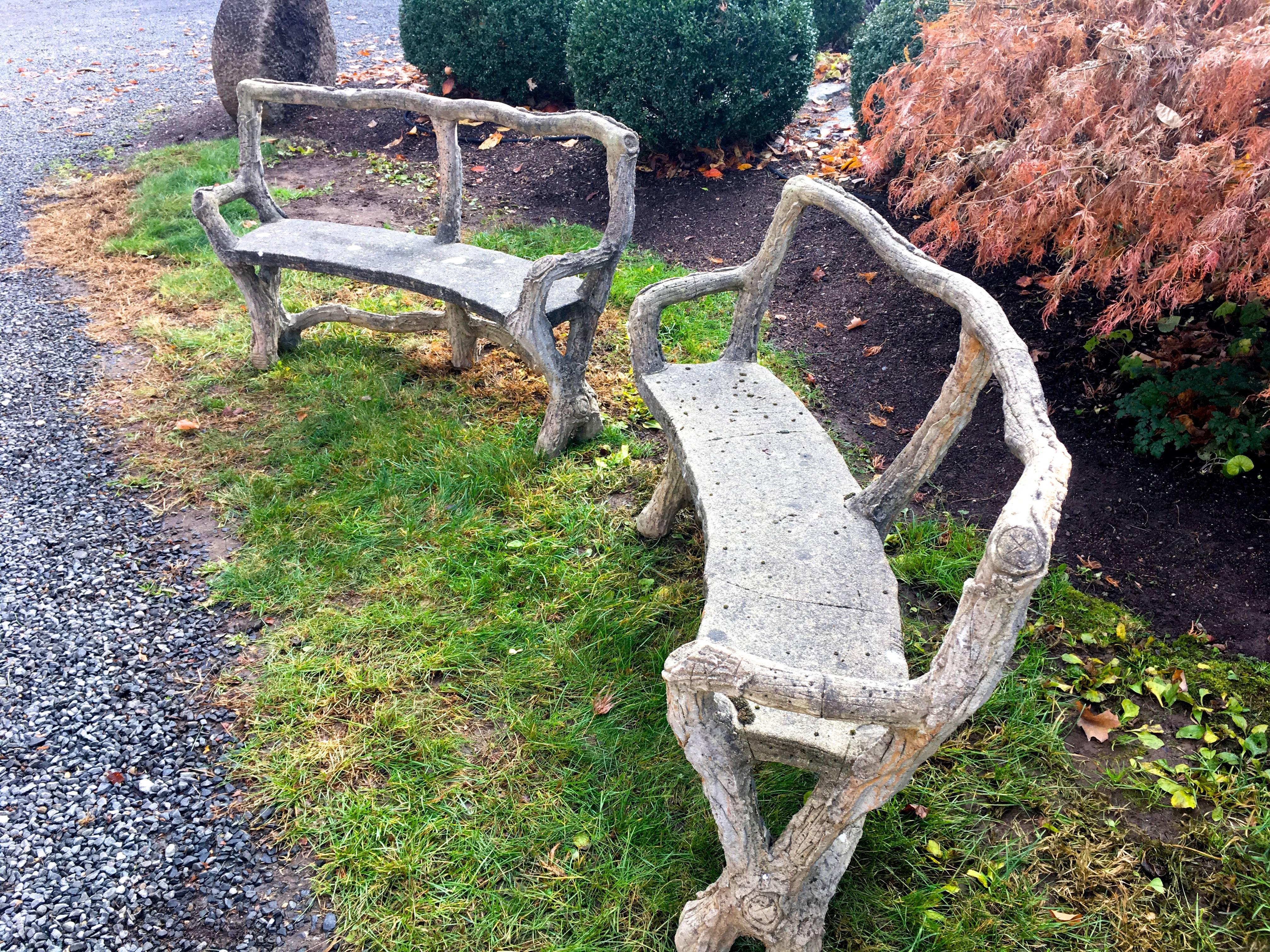 Hand-Carved Pair of Stunning Curved French Faux Bois Benches