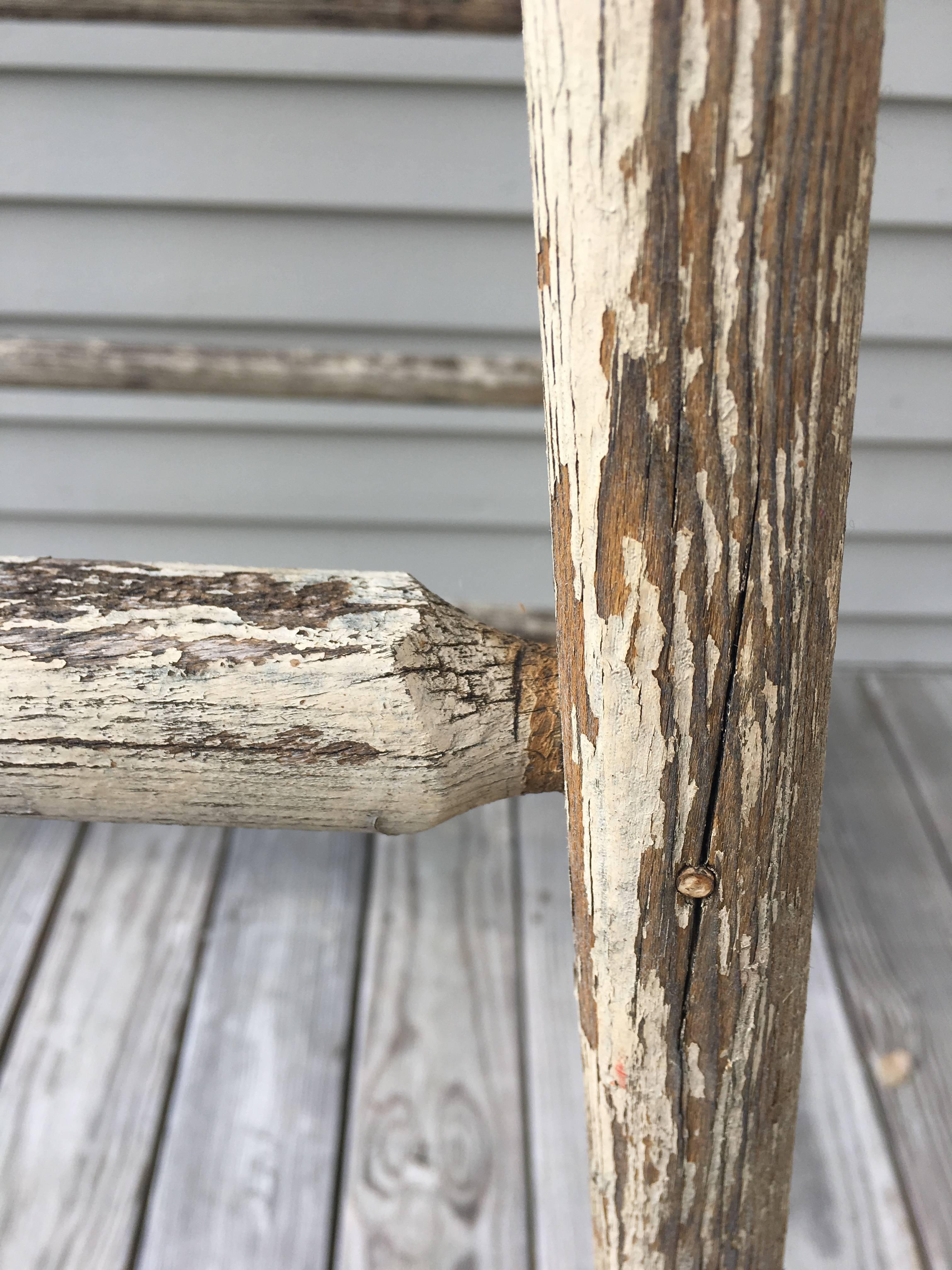 Very Tall Signed Antique French Oak Ladder in Original Distressed Paint For Sale 2