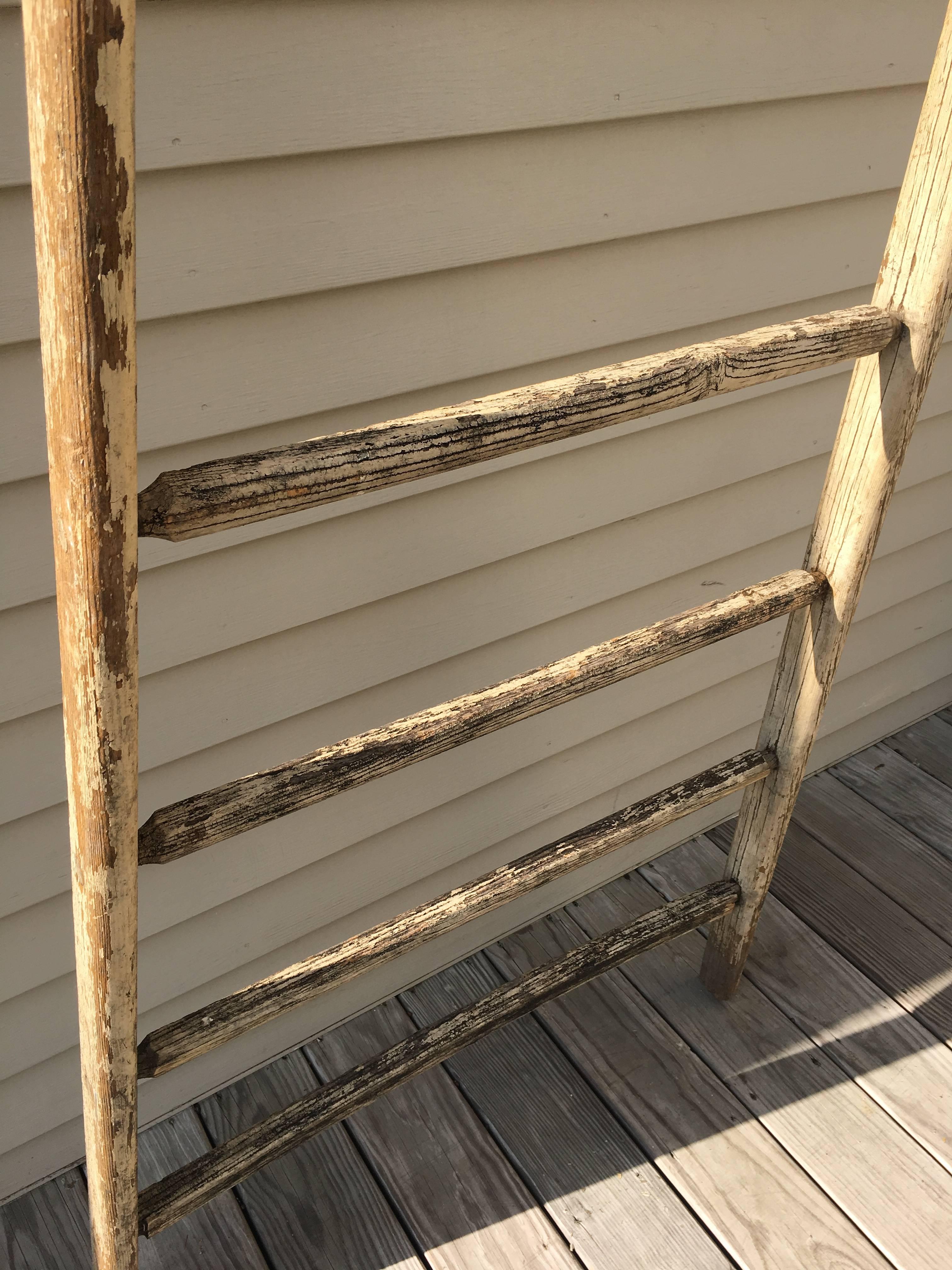 Very Tall Signed Antique French Oak Ladder in Original Distressed Paint For Sale 3