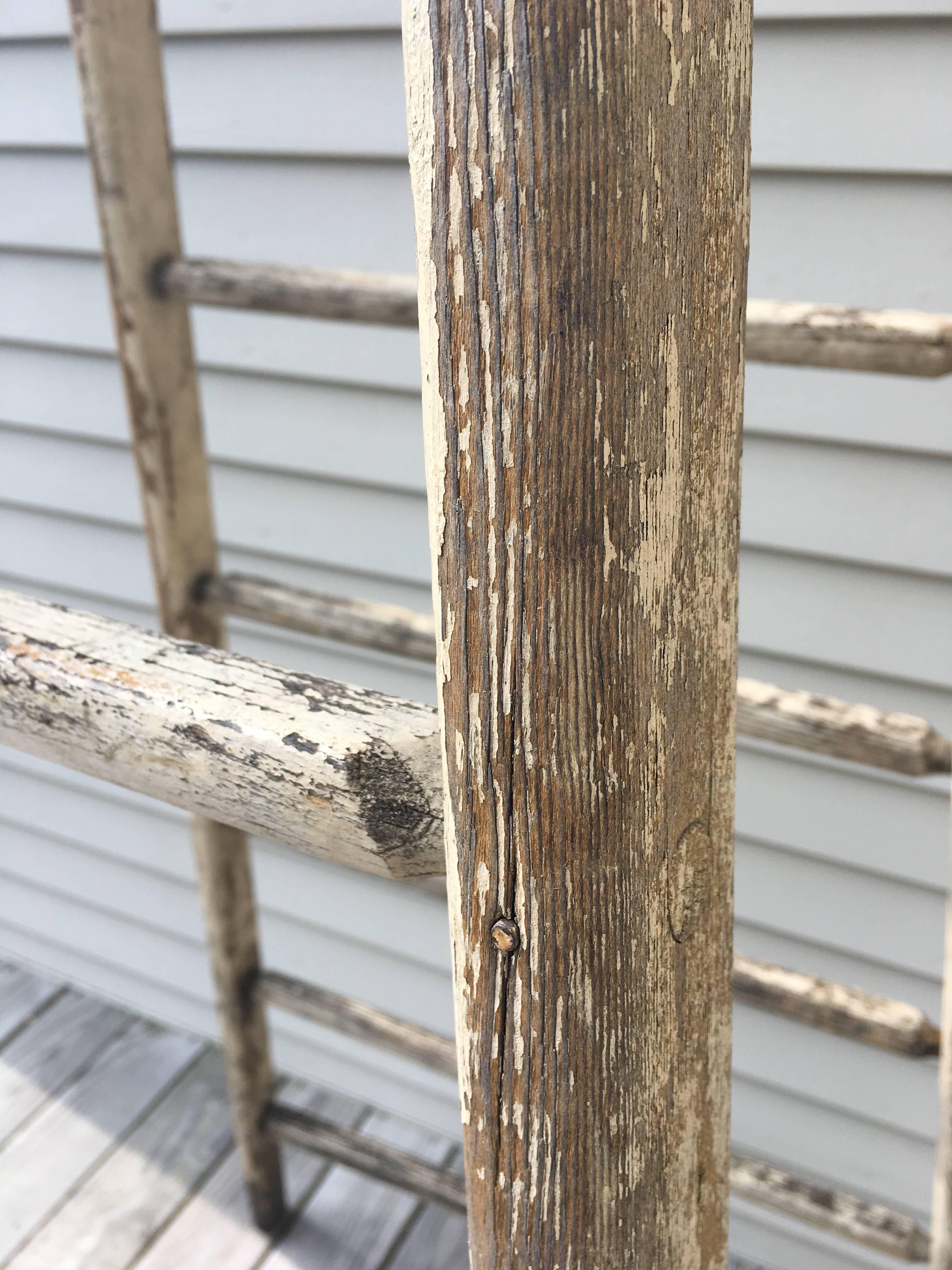 Very Tall Signed Antique French Oak Ladder in Original Distressed Paint For Sale 4