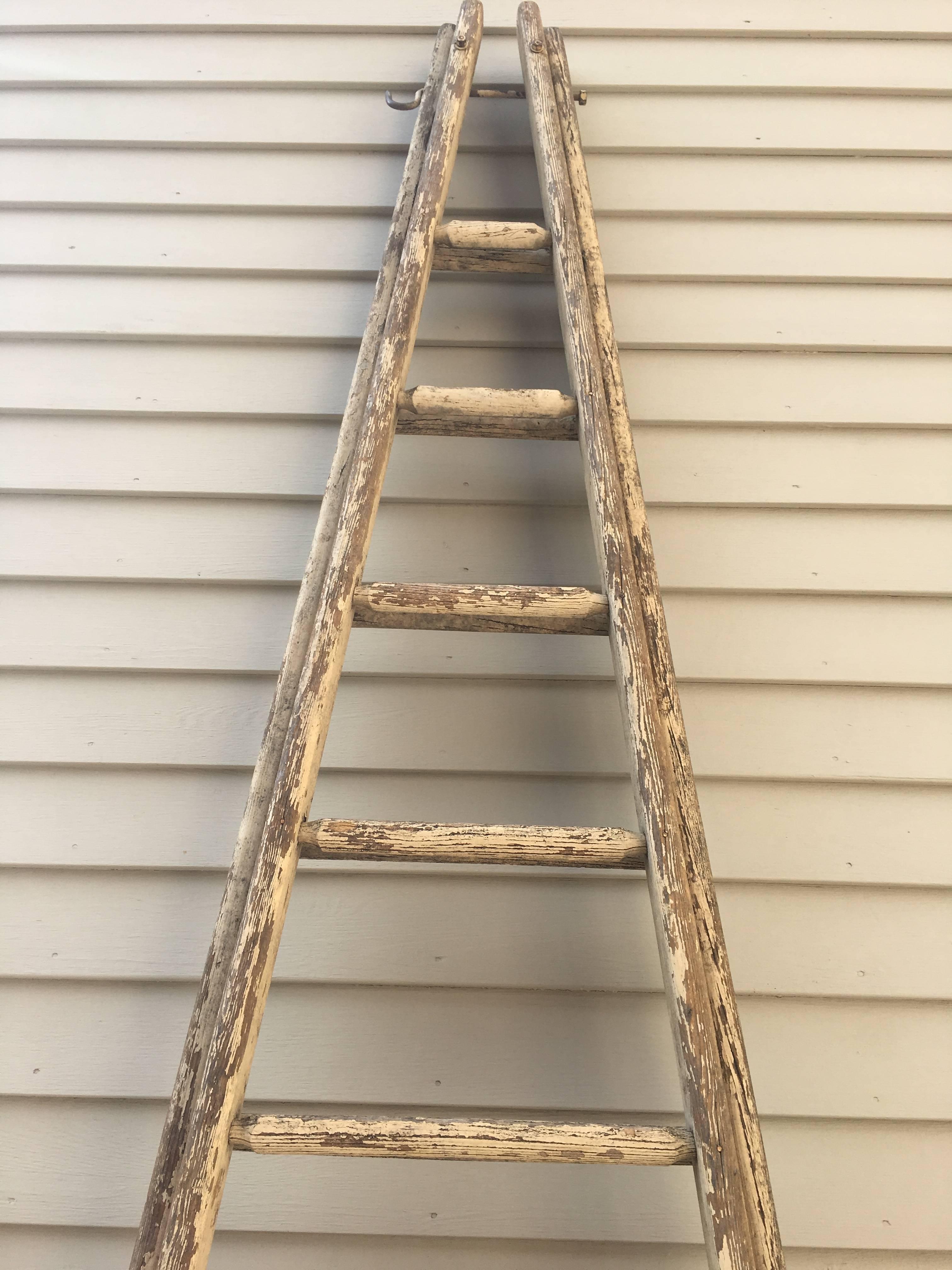 Hand-Carved Very Tall Signed Antique French Oak Ladder in Original Distressed Paint For Sale