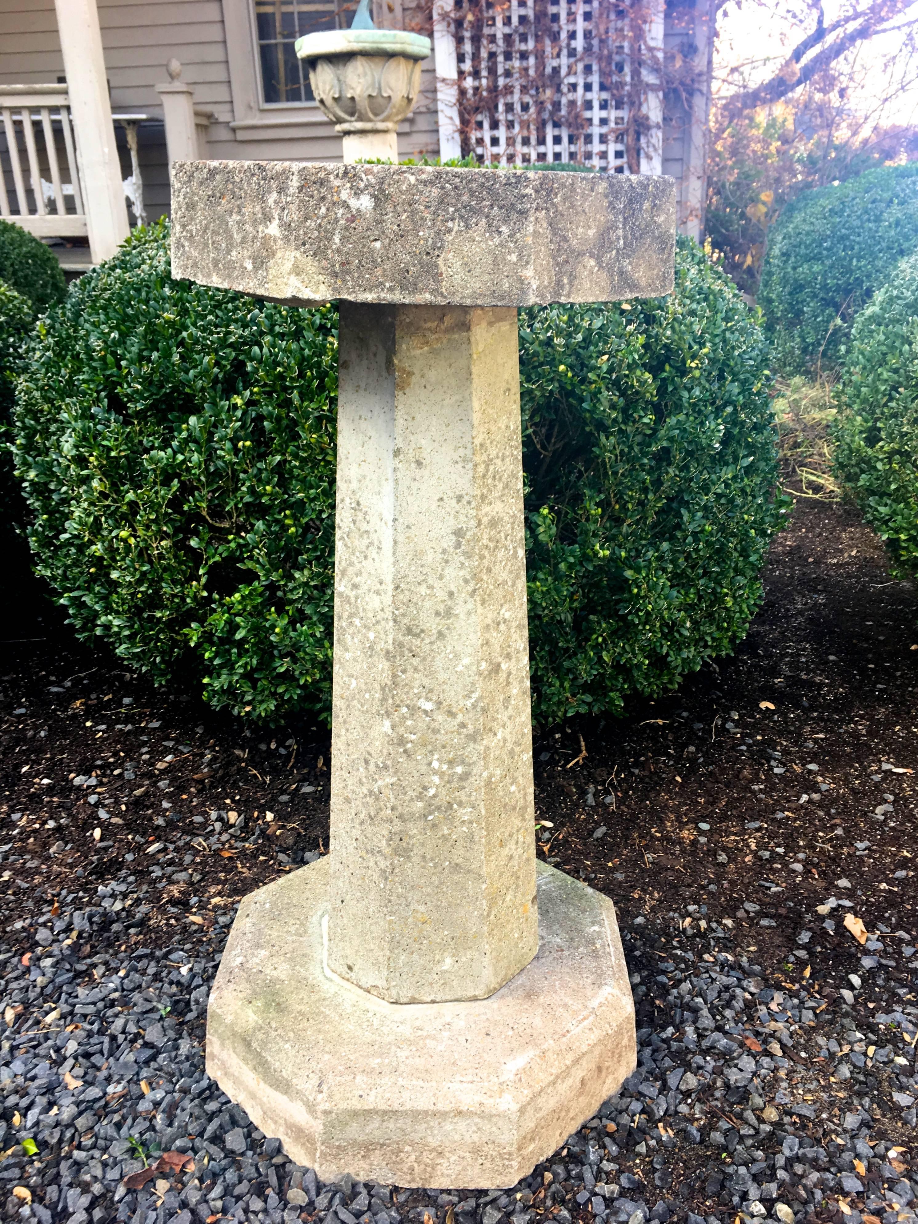 This charming octagonal cast stone birdbath in three parts is the perfect accent piece for your herb garden. Your feathered friends will appreciate its shallow bowl (they like to stand when drinking) and the lovely weathered surface will add an