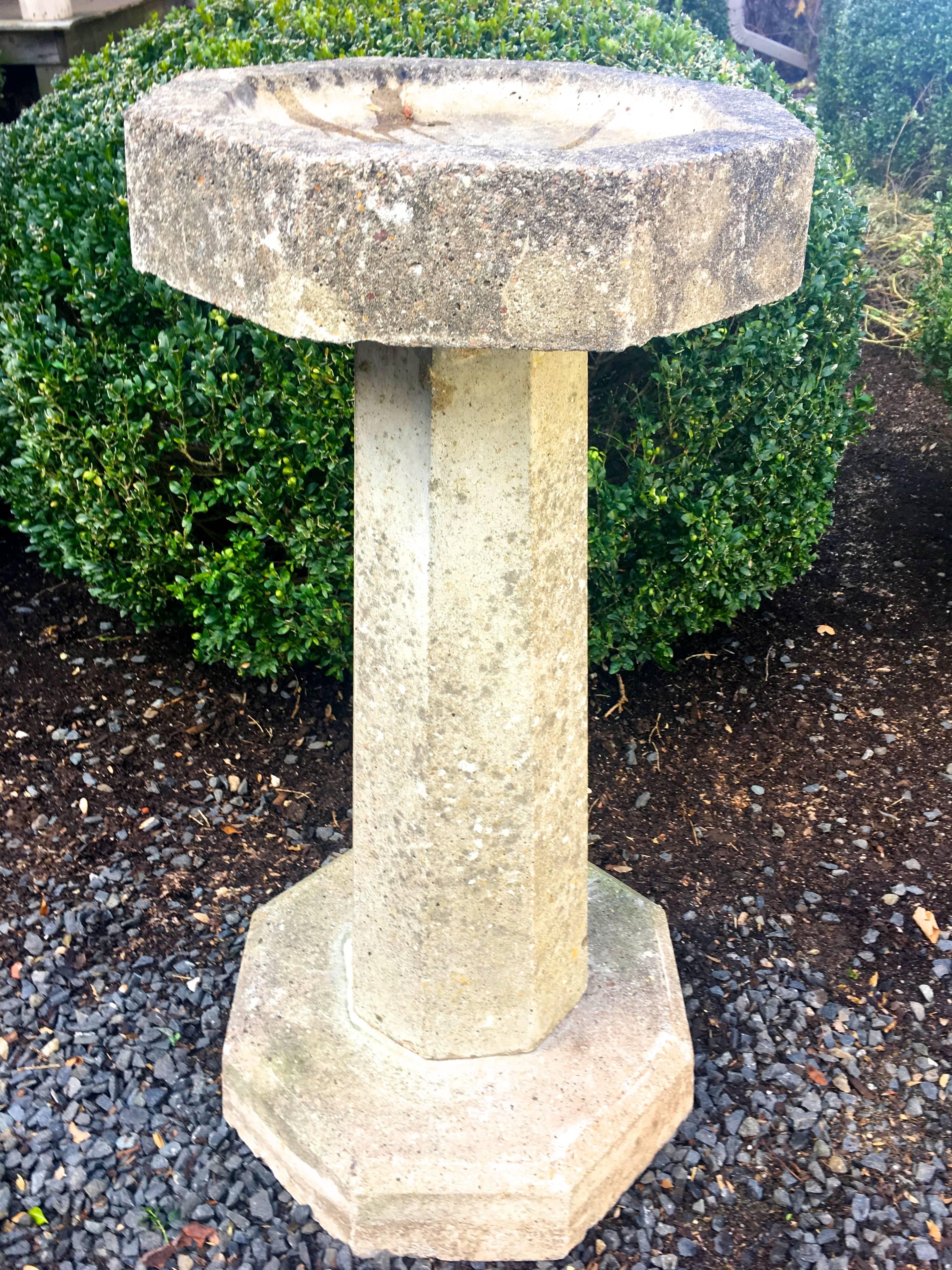 20th Century Tall Octagonal English Cast Stone Birdbath