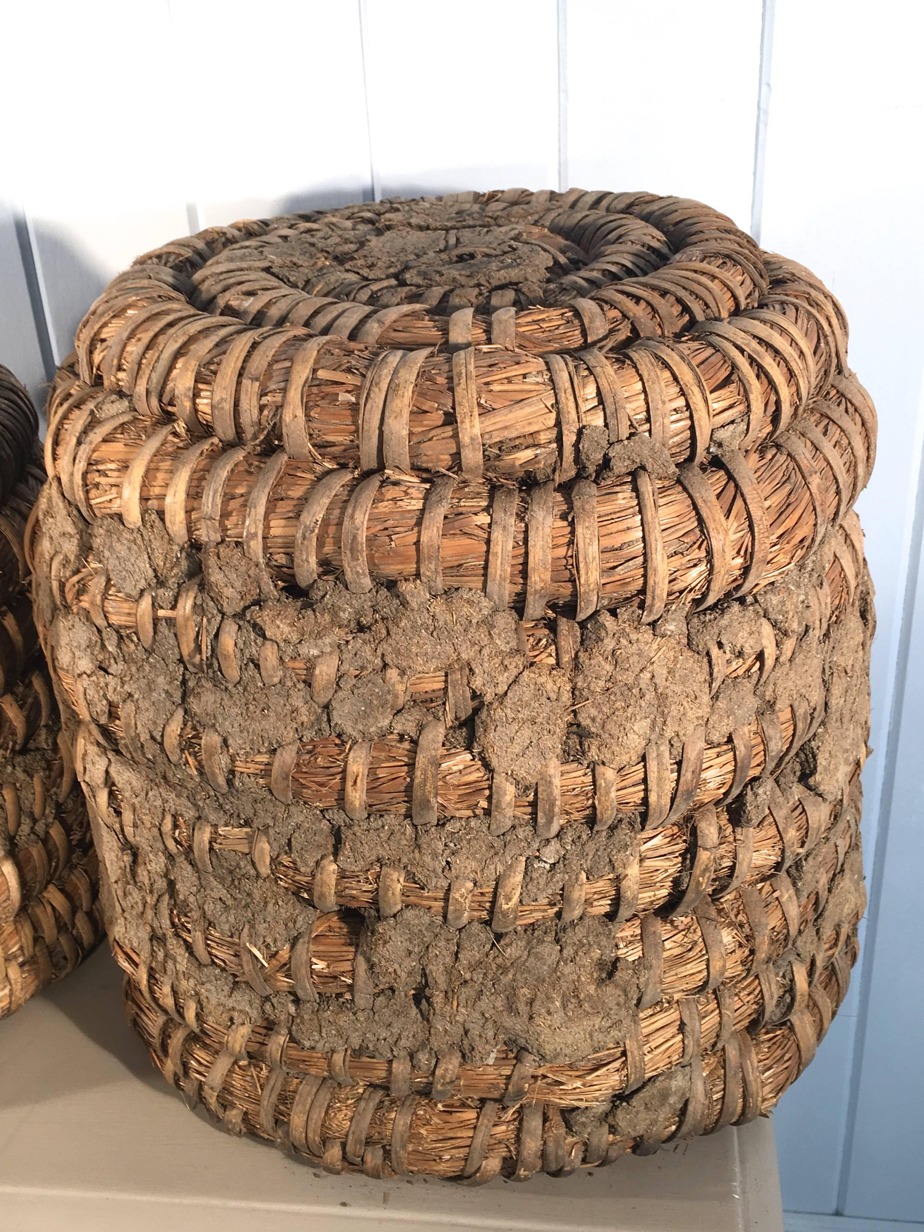 Hand-Crafted Lovely Pair of Woven Straw German Bee Skeps