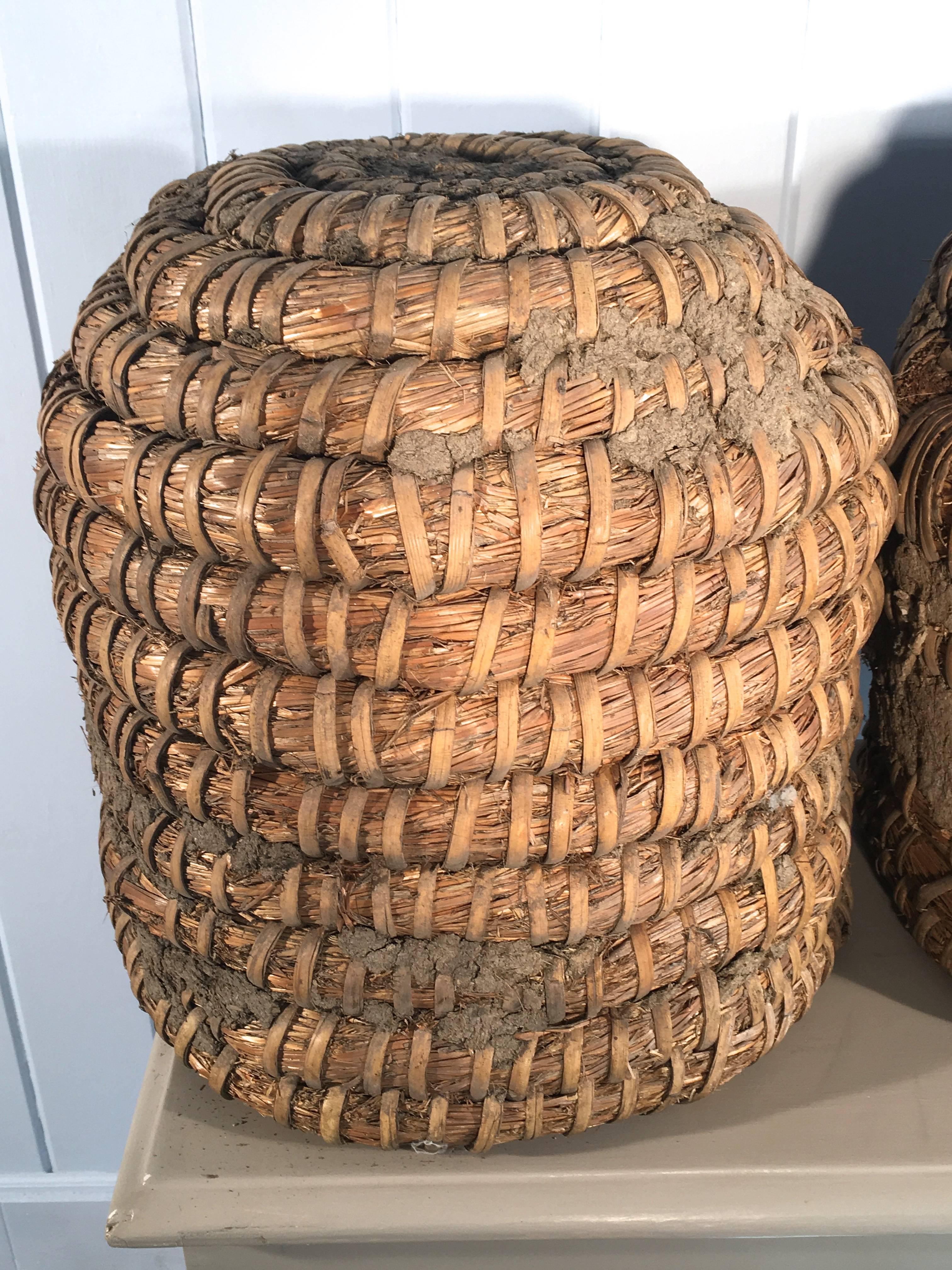 20th Century Lovely Pair of Woven Straw German Bee Skeps