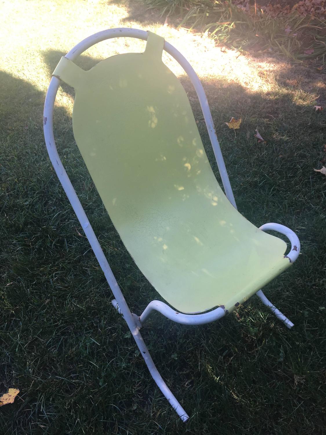 Set of Four Colorful French Painted Steel Stackable Garden Chairs For