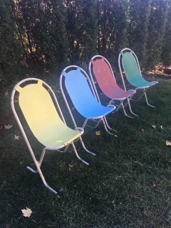 Set of Four Colorful French Painted Steel Stackable Garden Chairs For