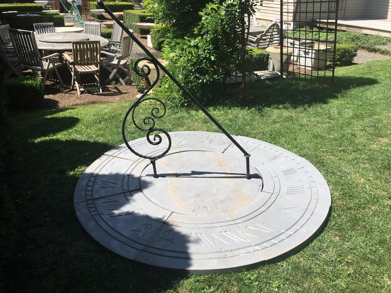 Six Foot Diameter English Cast Stone Sundial with Scrolled Gnomon at
