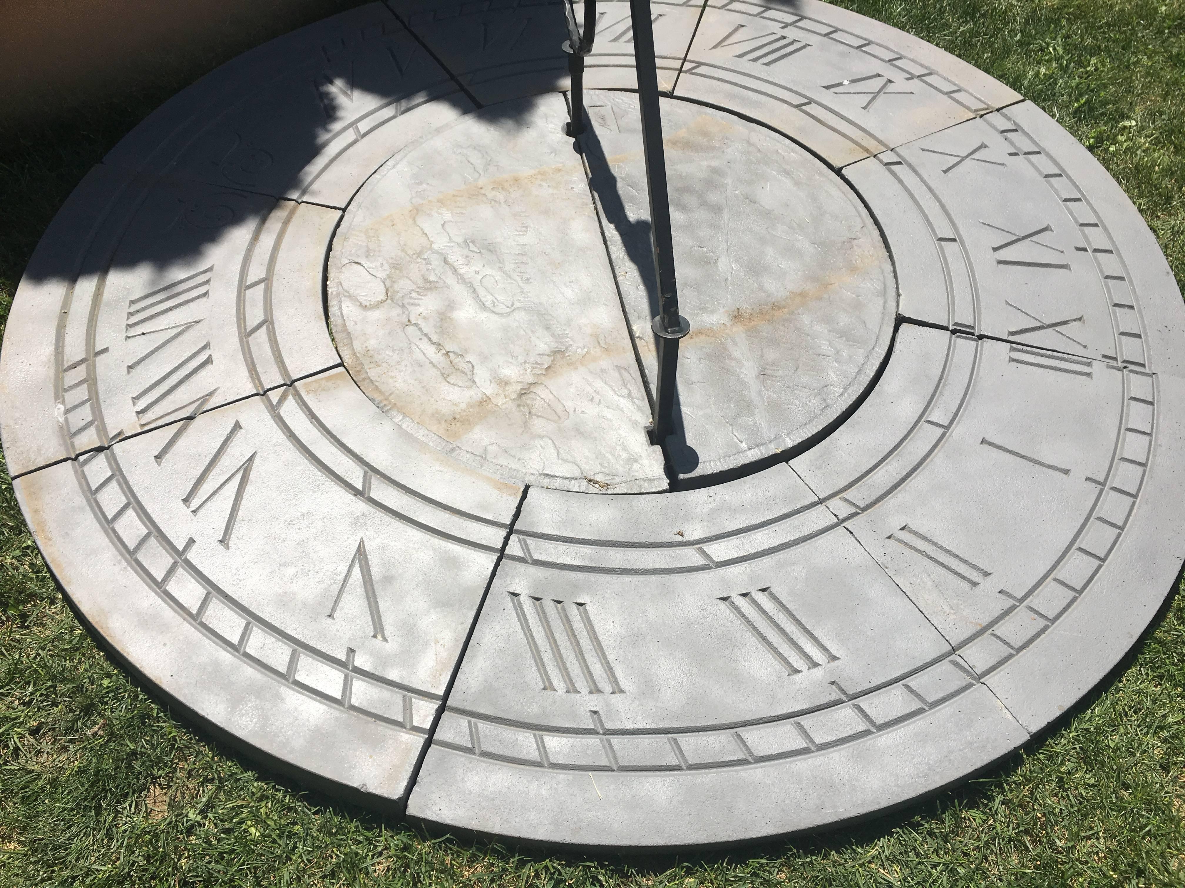 Six Foot Diameter English Cast Stone Sundial with Scrolled Gnomon In Excellent Condition In Woodbury, CT