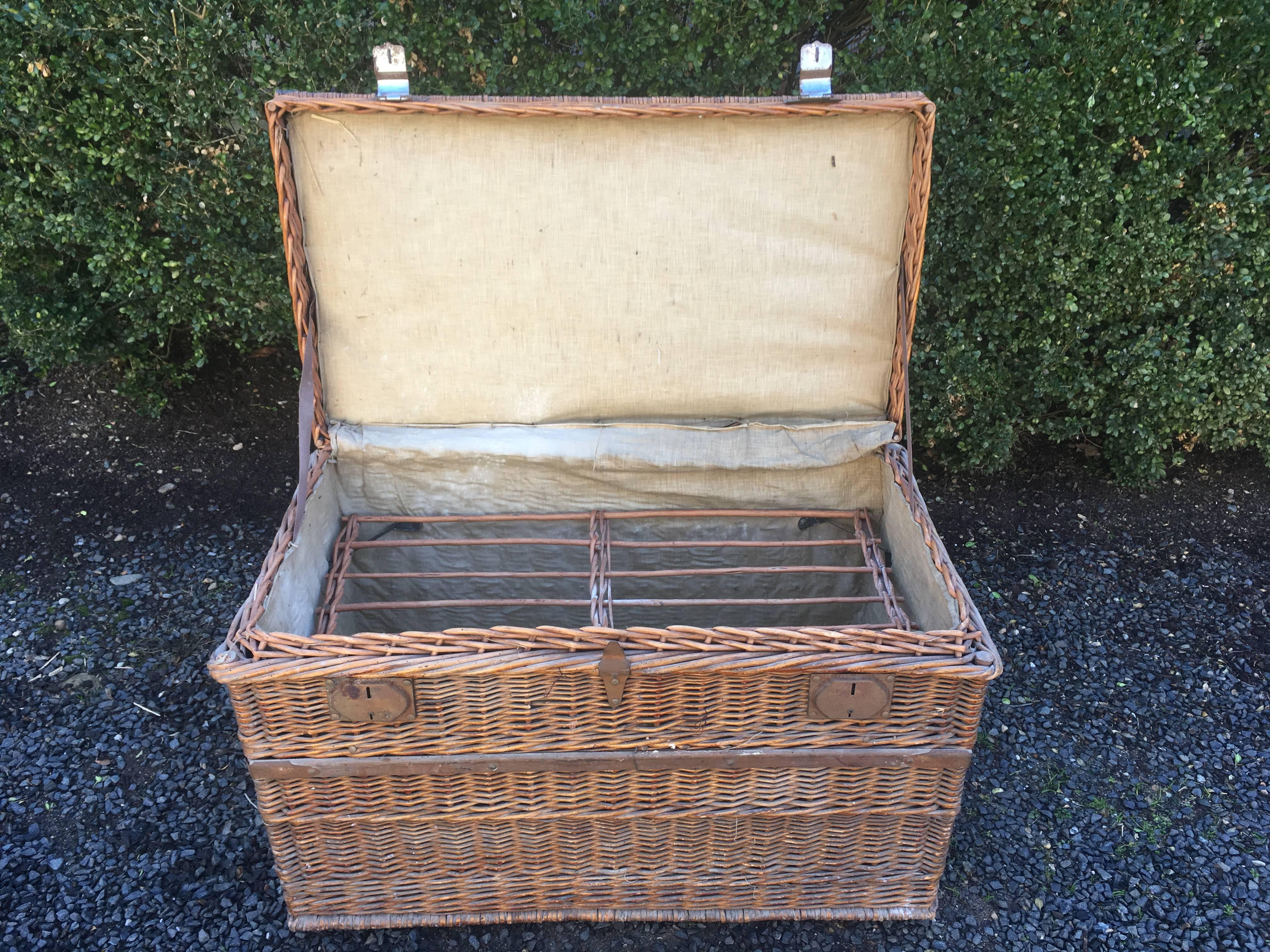 20th Century Large Lined French Wicker Trunk