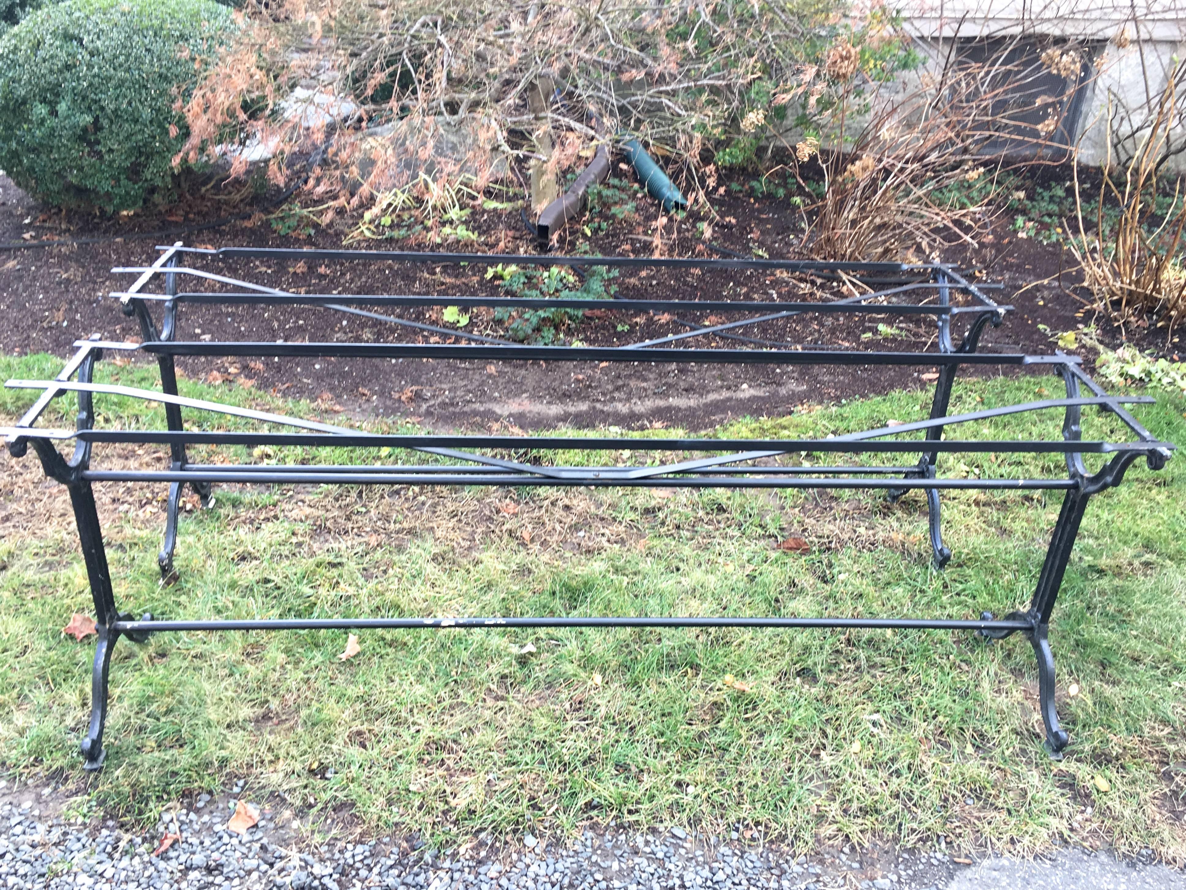 We found this lovely pair of long cast iron table bases in Provence and they are beauties. Sold as a pair and awaiting your choice of tops, they can be placed end-to-end for dining for 14-18 or used separately either indoors or out. With a stylish